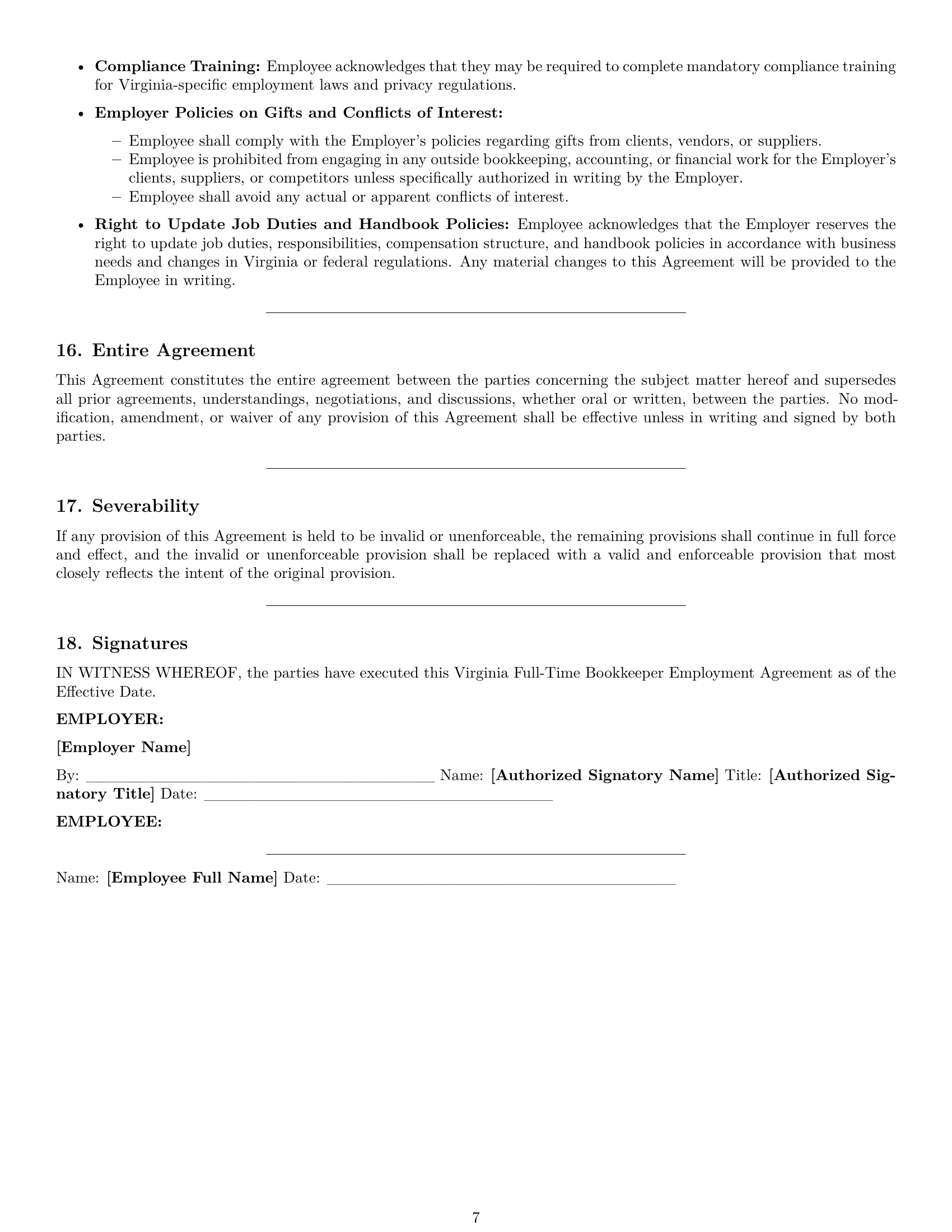 Preview page 7 of Pro Virginia bookkeeper employment contract template