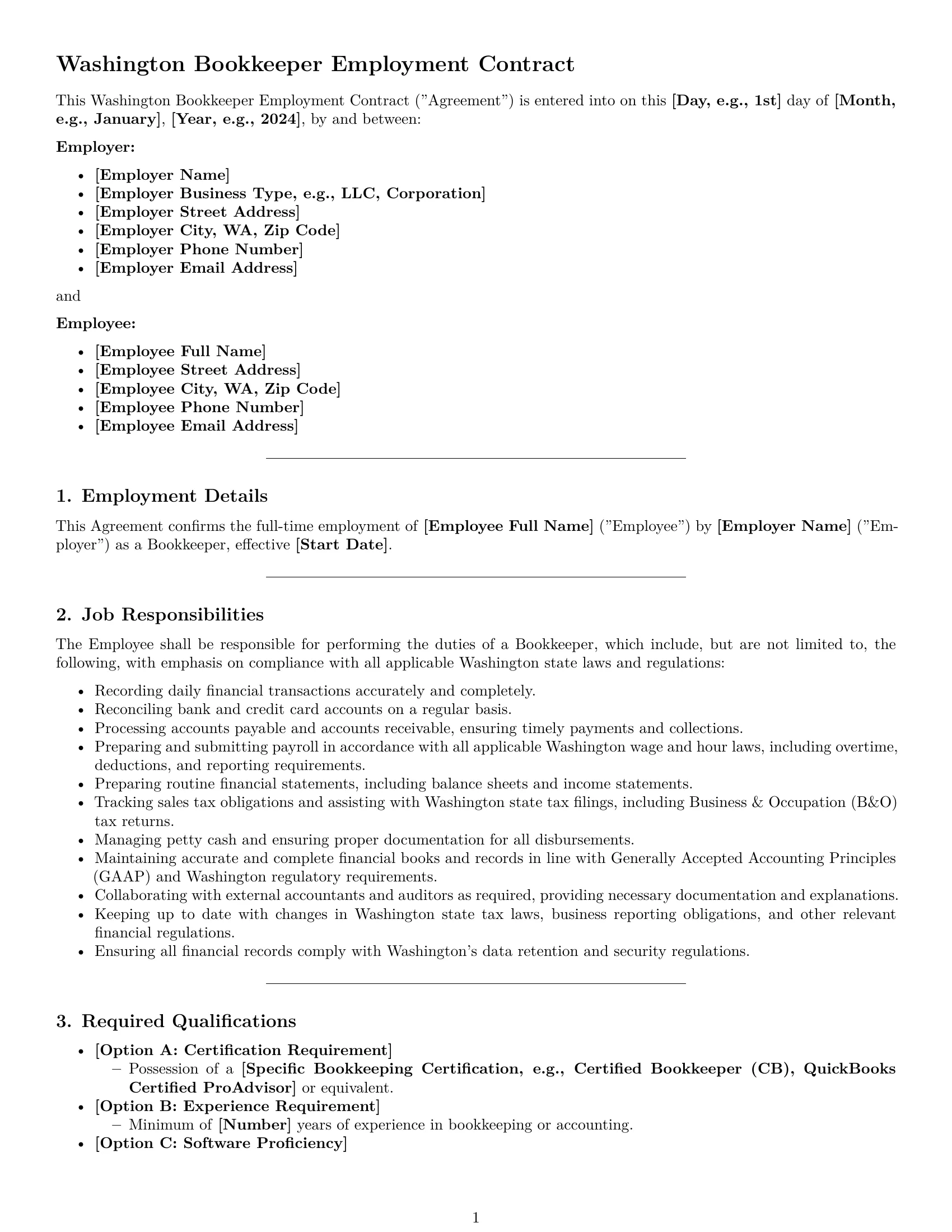 Preview page 1 of Pro Washington bookkeeper employment contract template