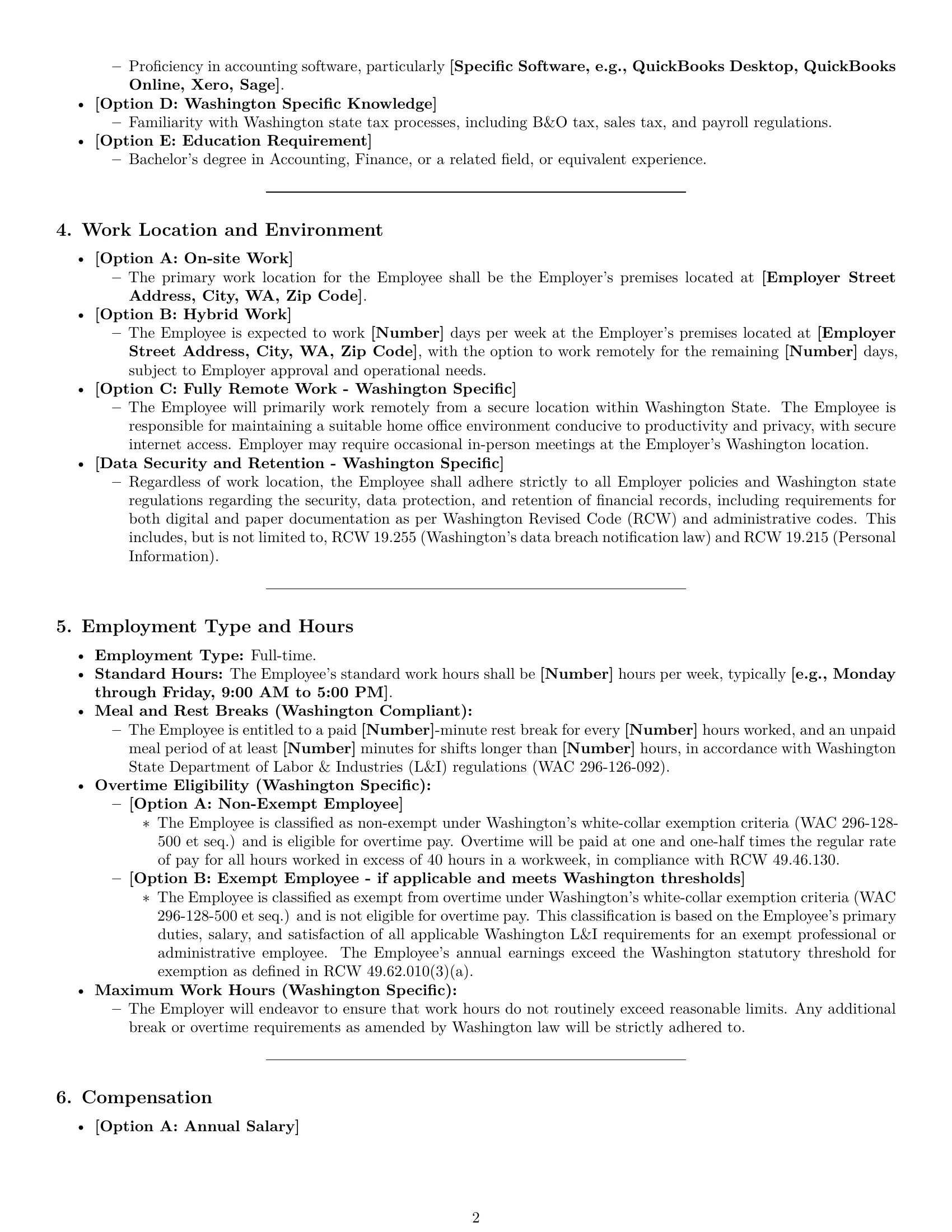 Preview page 2 of Pro Washington bookkeeper employment contract template