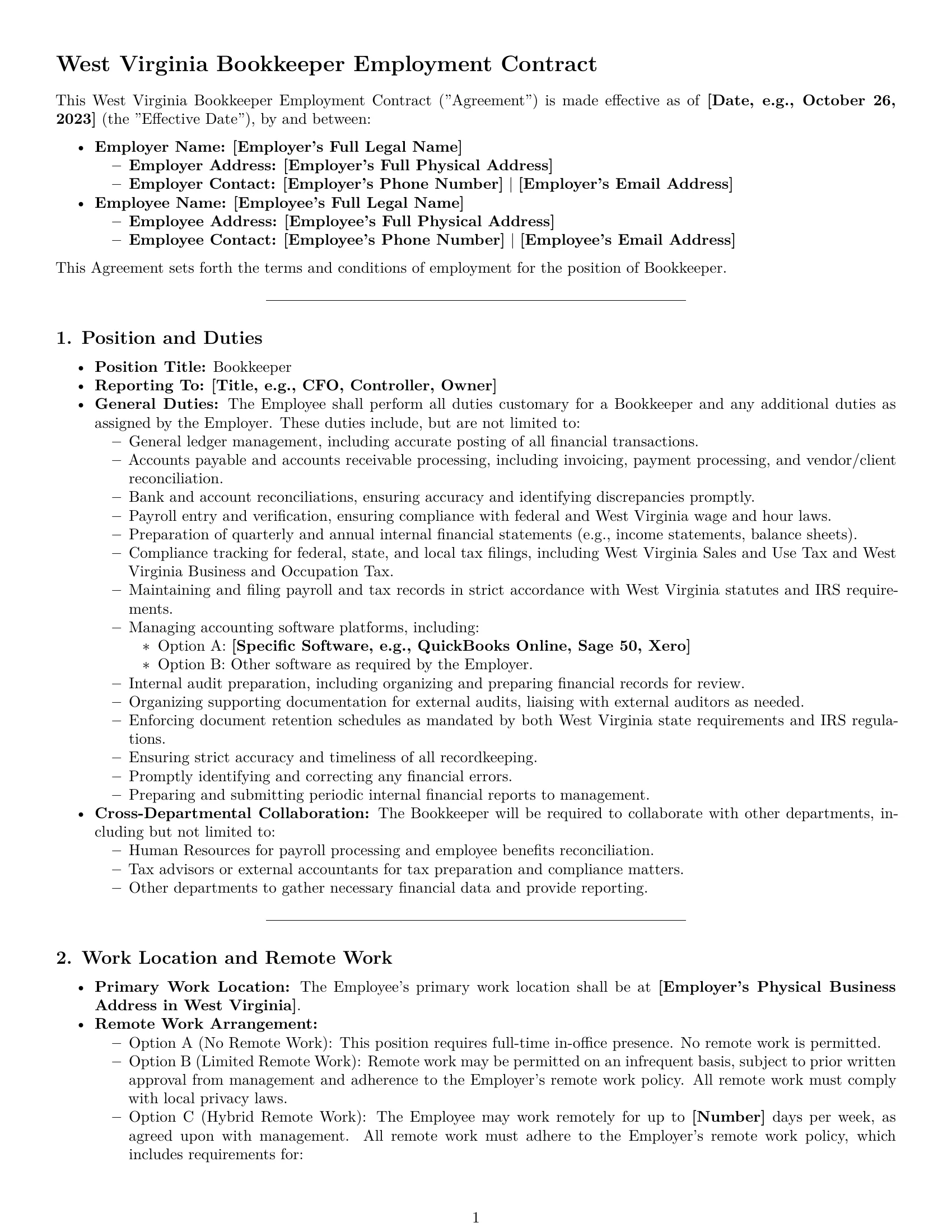Preview page 1 of Pro West Virginia bookkeeper employment contract template