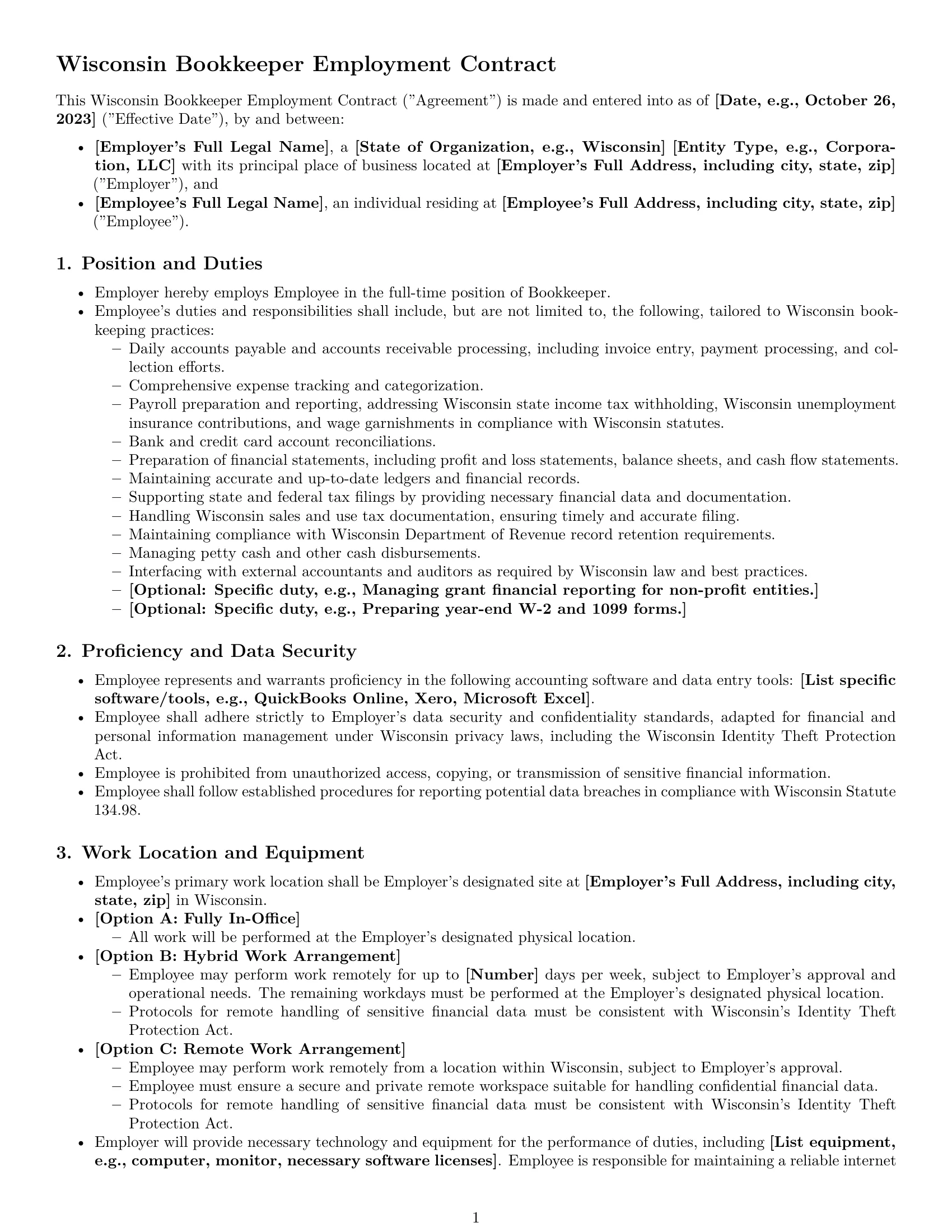 Preview page 1 of Pro Wisconsin bookkeeper employment contract template