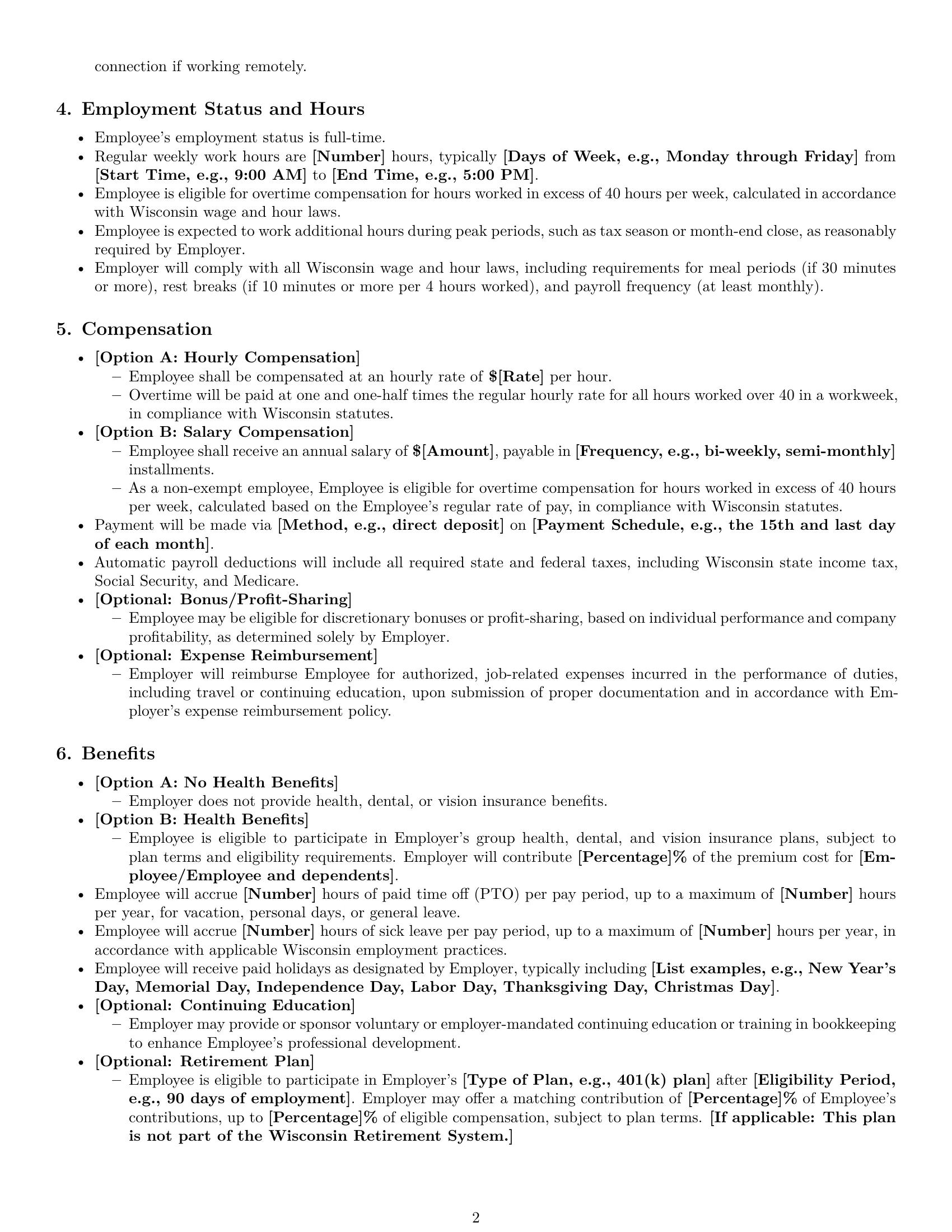 Preview page 2 of Pro Wisconsin bookkeeper employment contract template