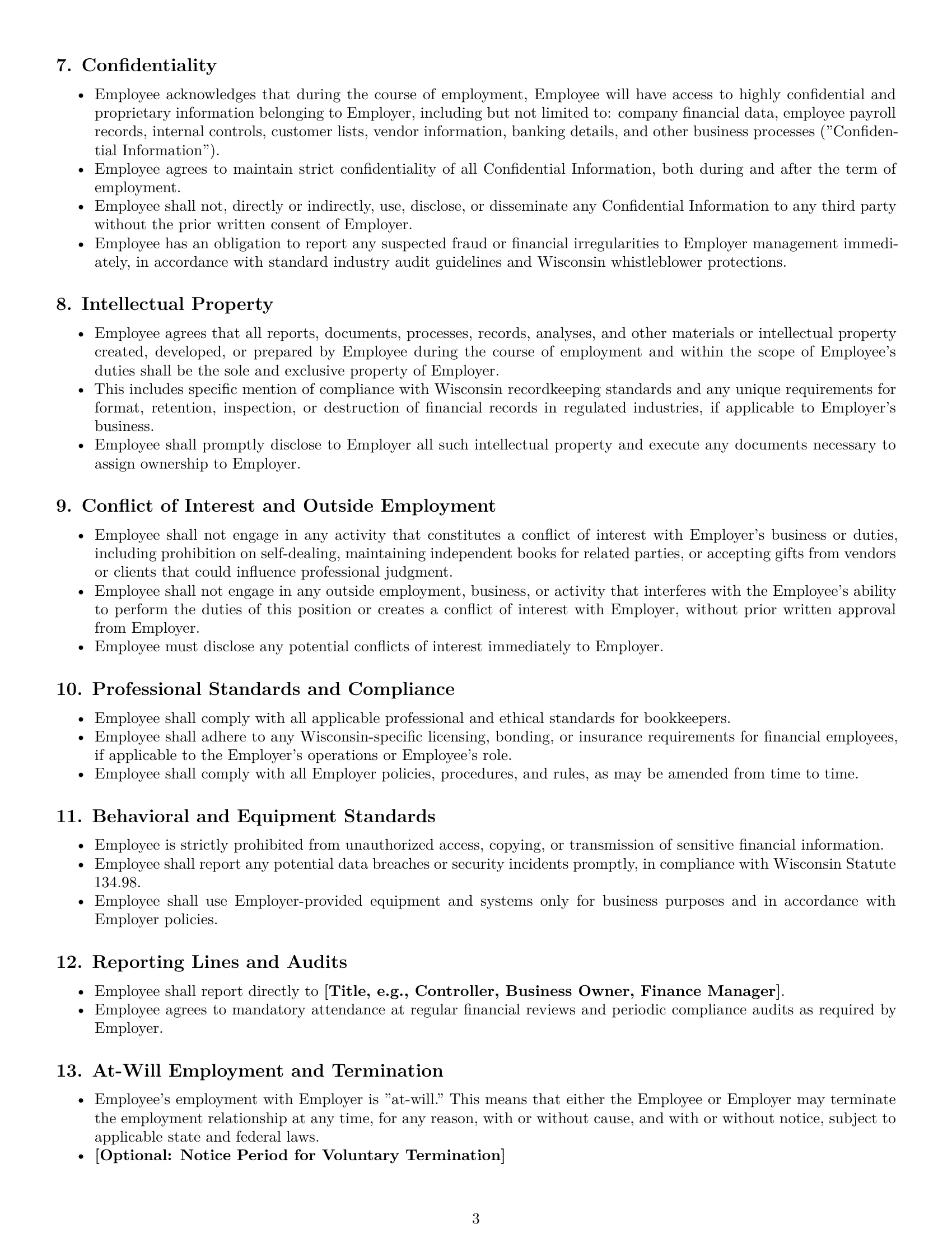 Preview page 3 of Pro Wisconsin bookkeeper employment contract template