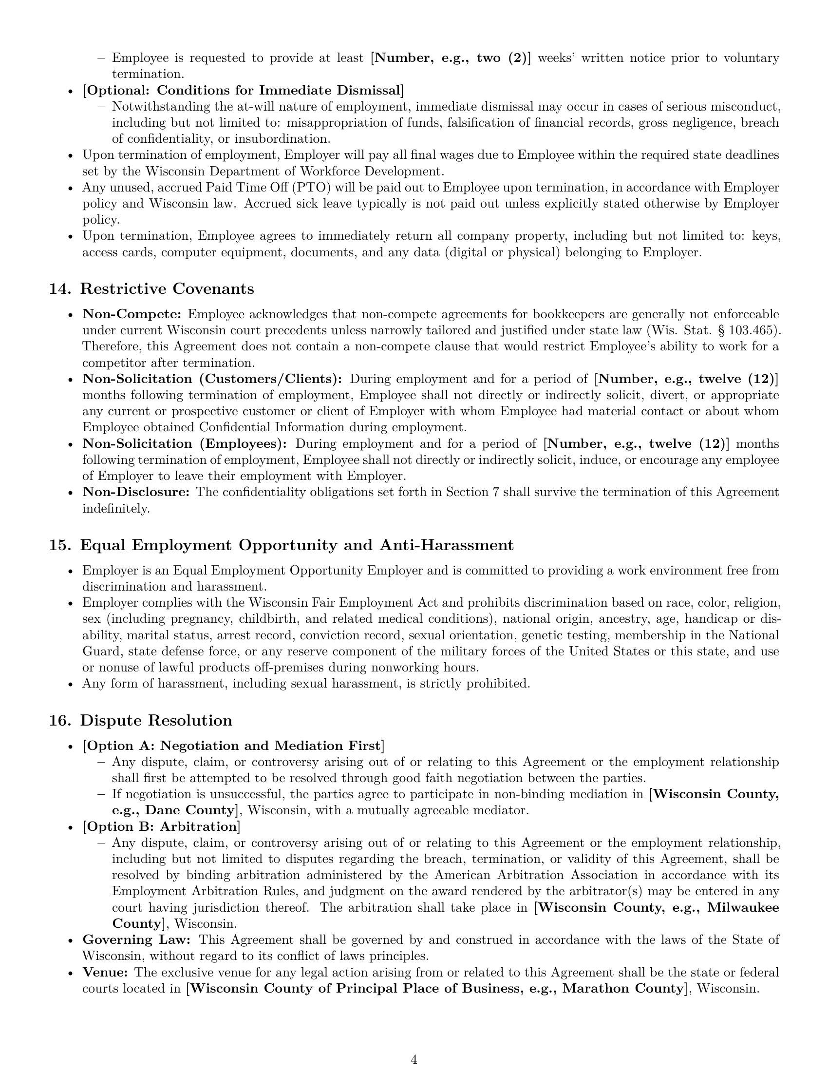 Preview page 4 of Pro Wisconsin bookkeeper employment contract template