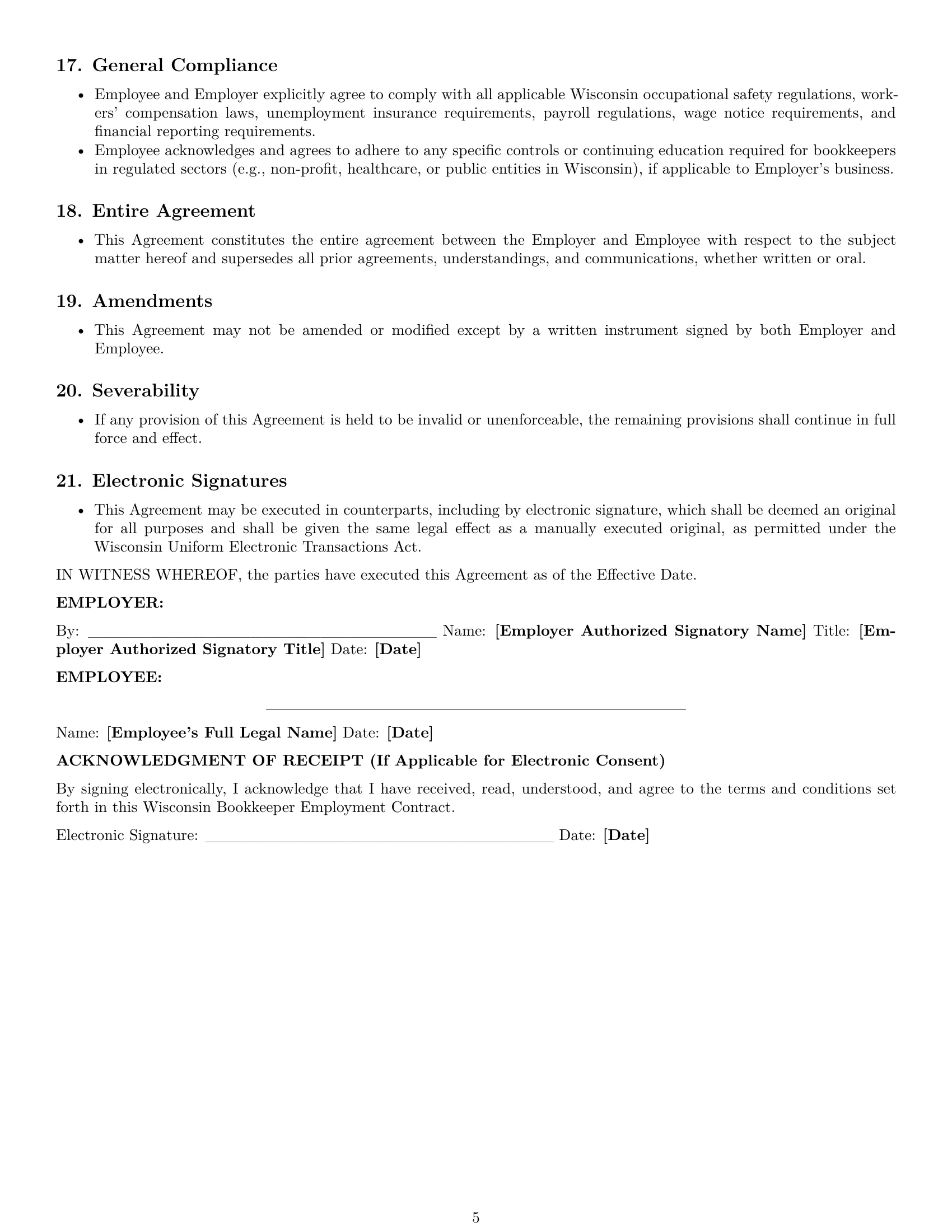 Preview page 5 of Pro Wisconsin bookkeeper employment contract template