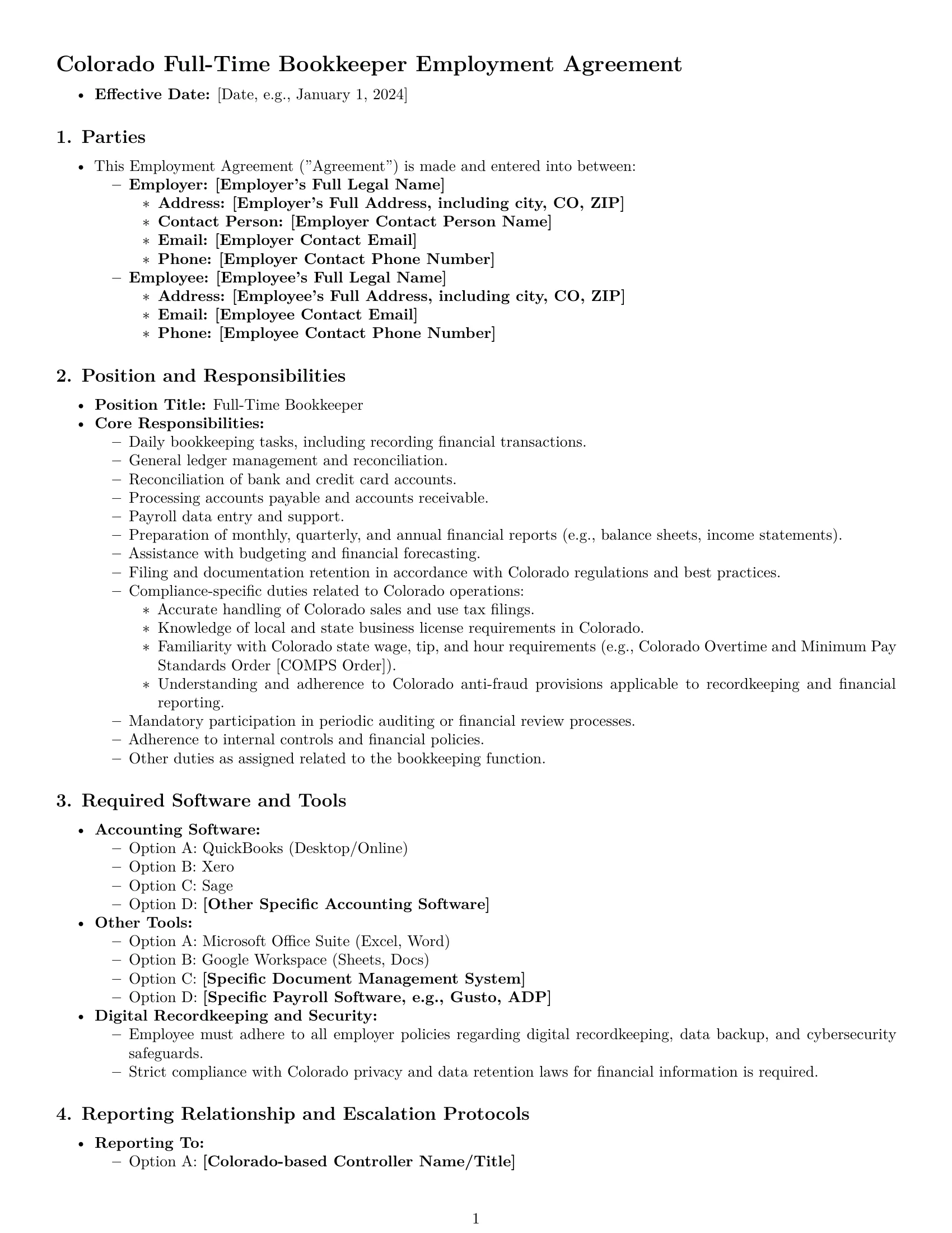 Preview page 1 of Pro Colorado bookkeeper employment contract template