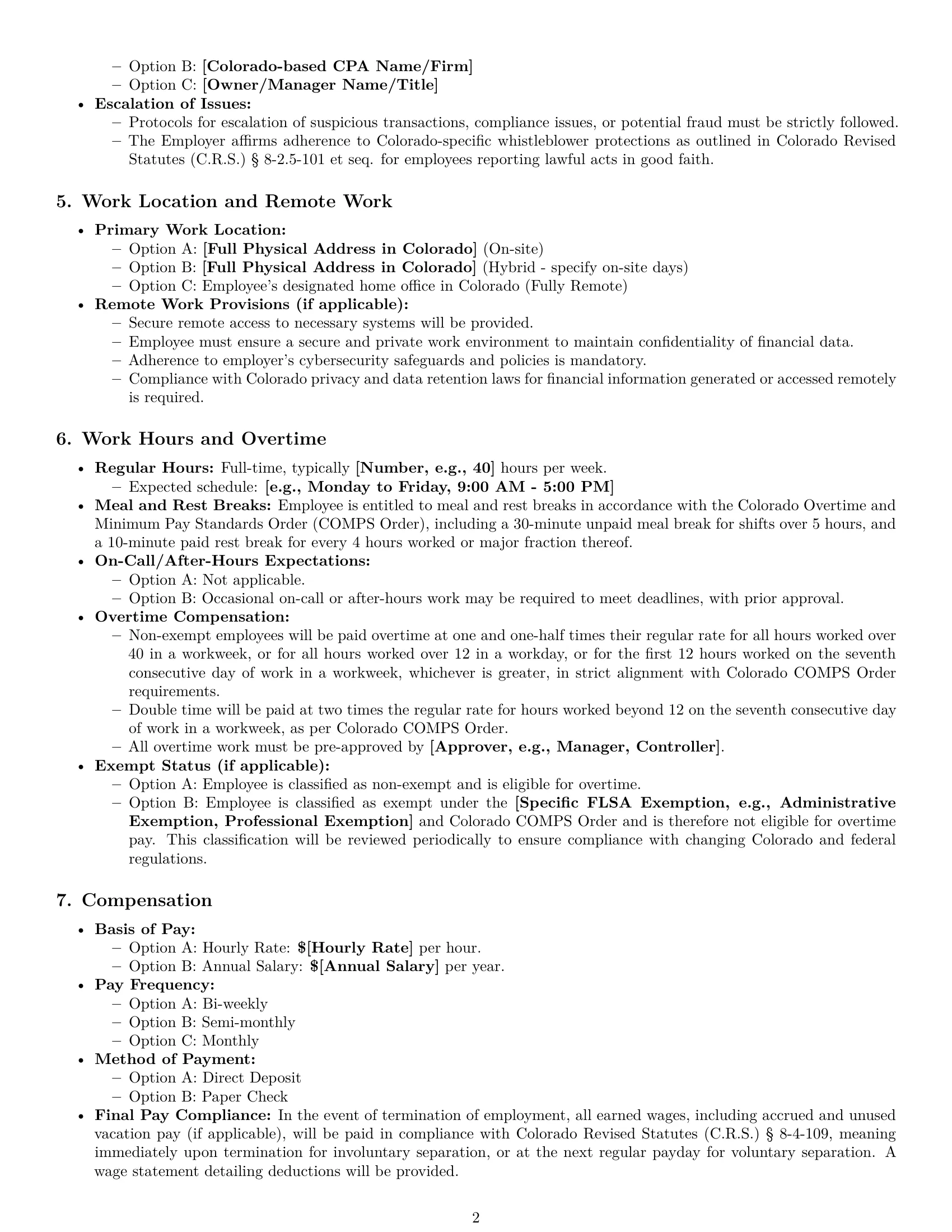 Preview page 2 of Pro Colorado bookkeeper employment contract template