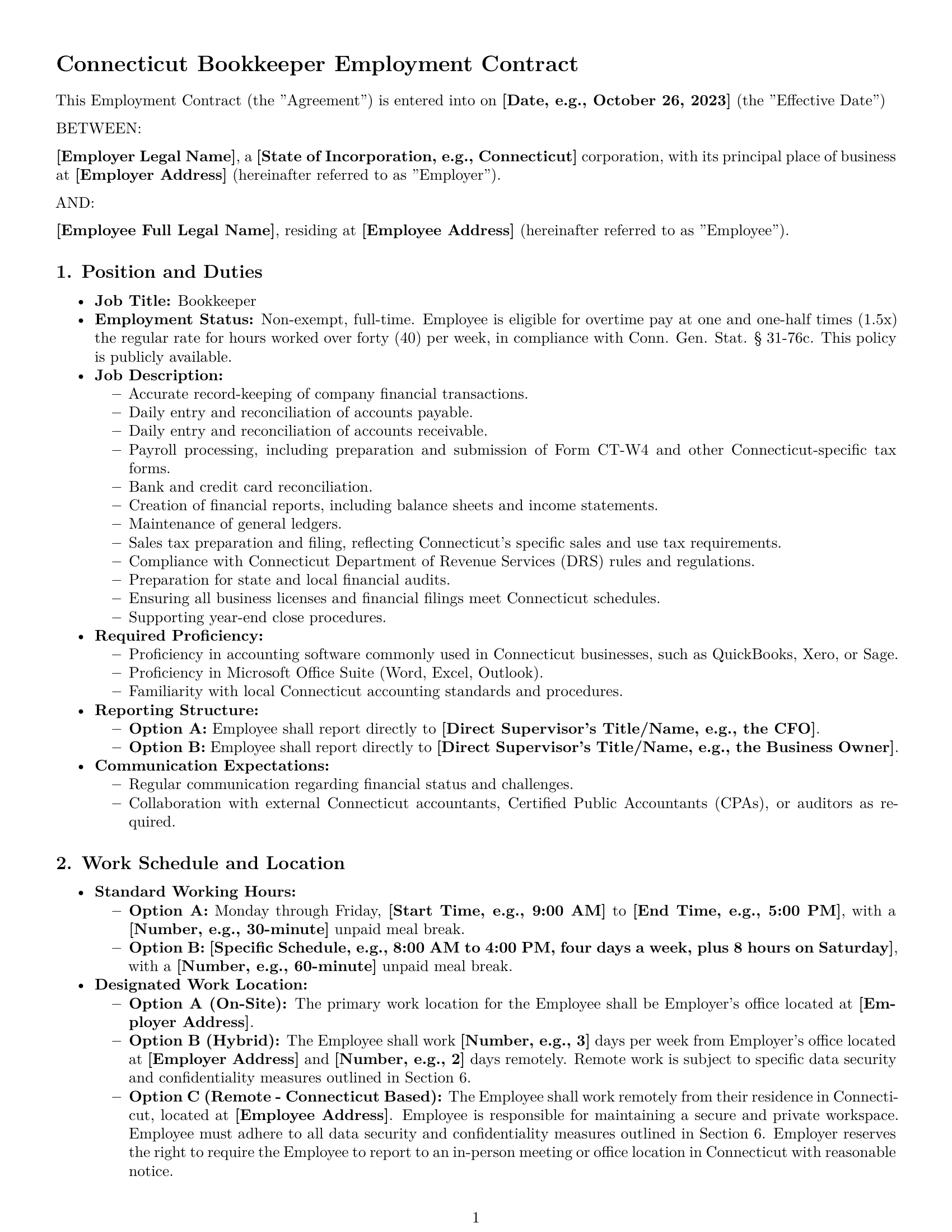 Preview page 1 of Pro Connecticut bookkeeper employment contract template