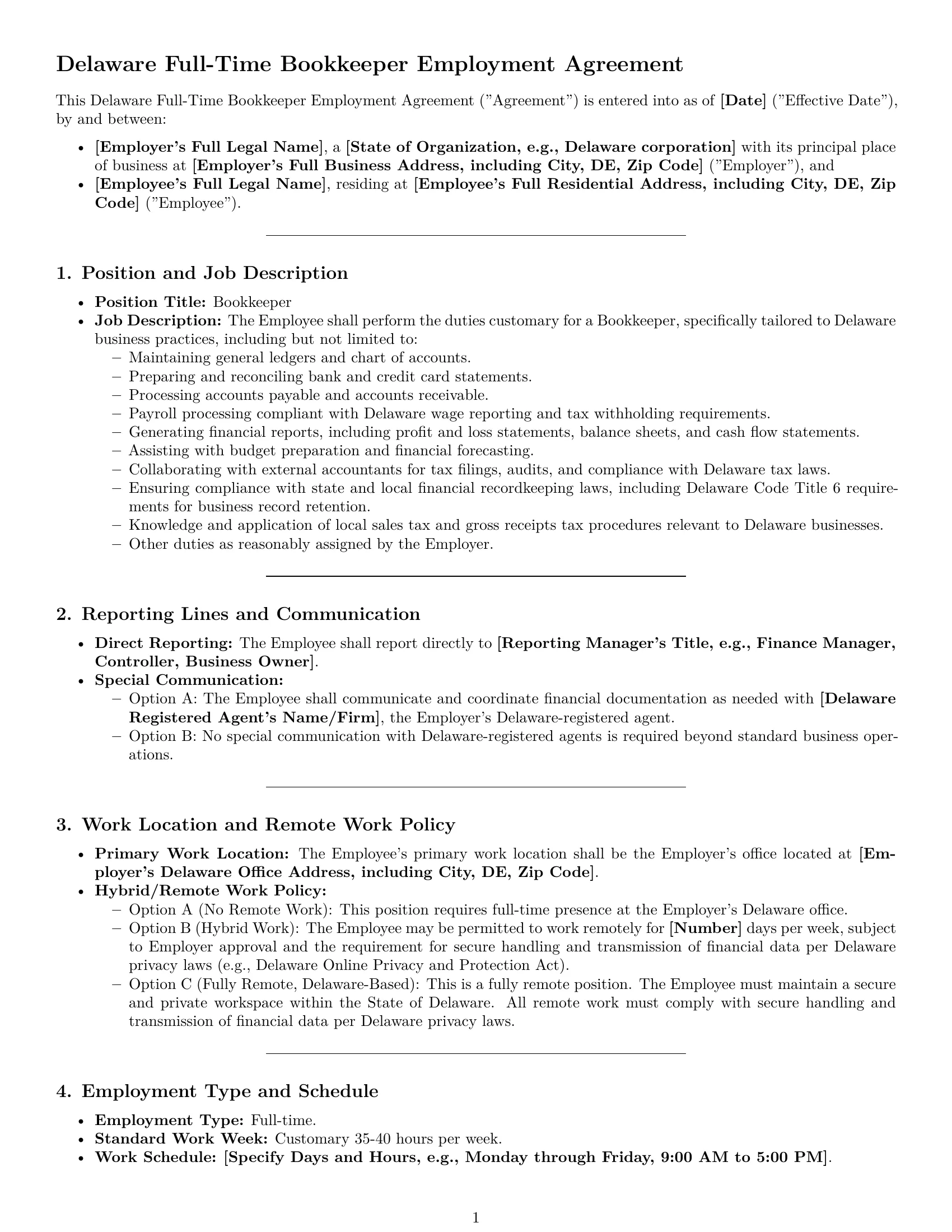 Preview page 1 of Pro Delaware bookkeeper employment contract template
