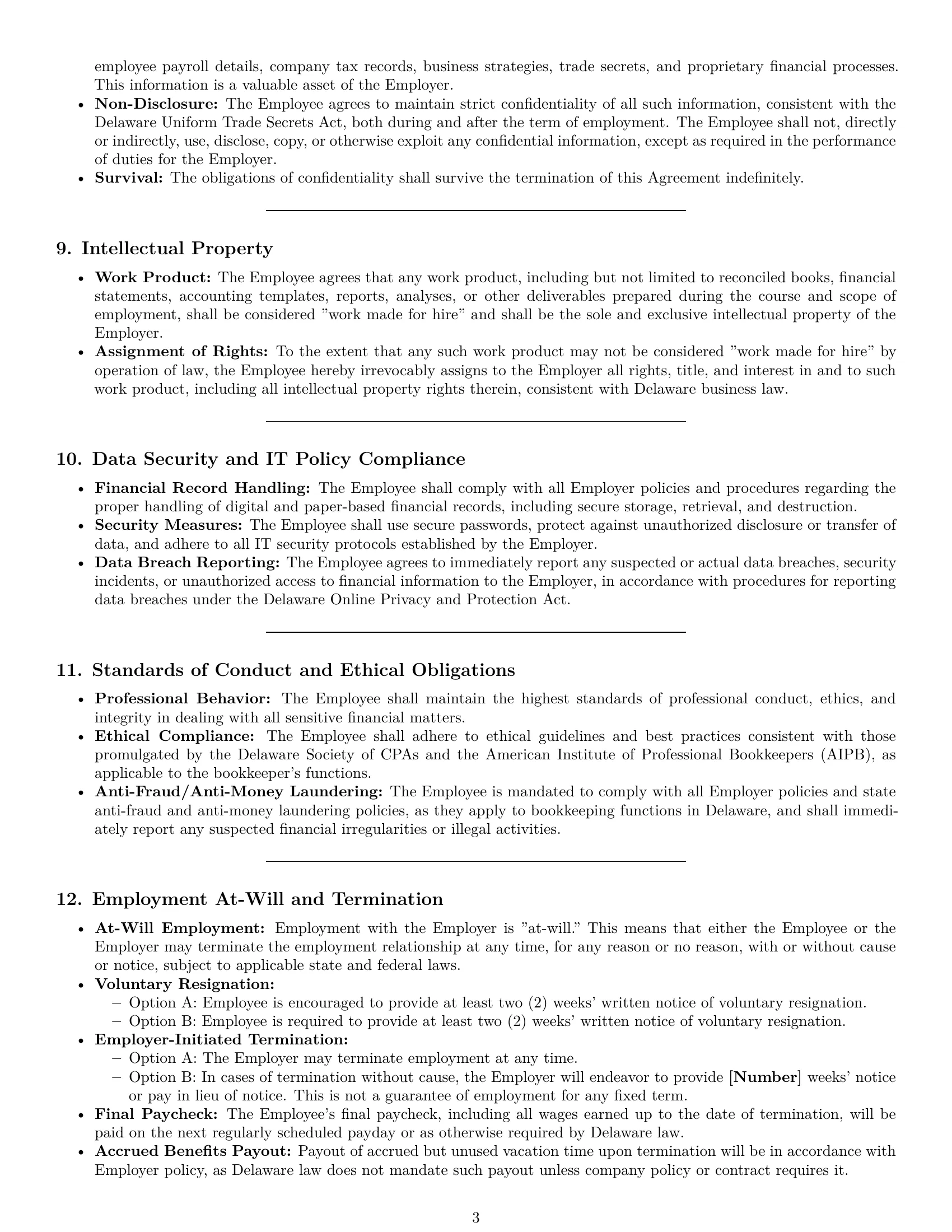 Preview page 3 of Pro Delaware bookkeeper employment contract template