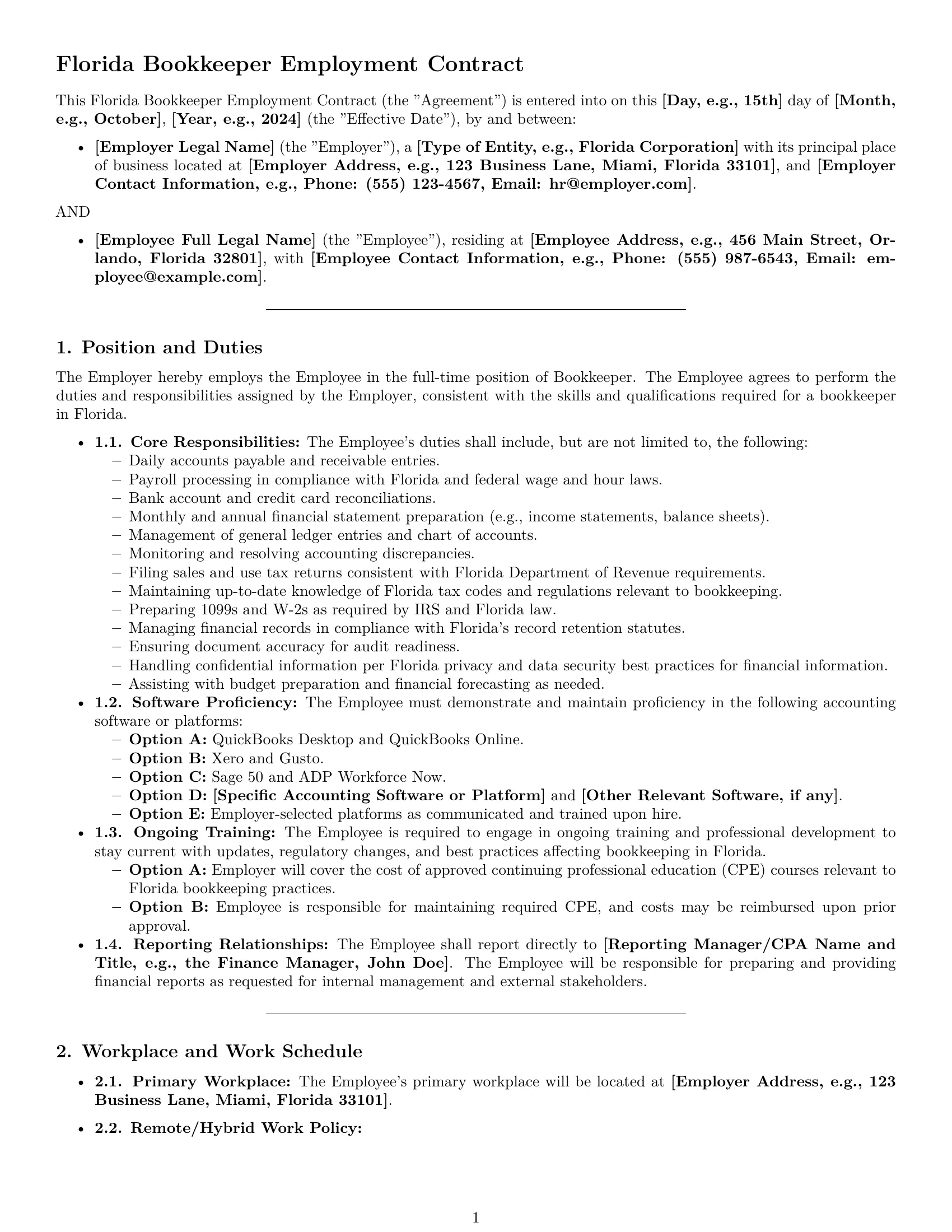 Preview page 1 of Pro Florida bookkeeper employment contract template