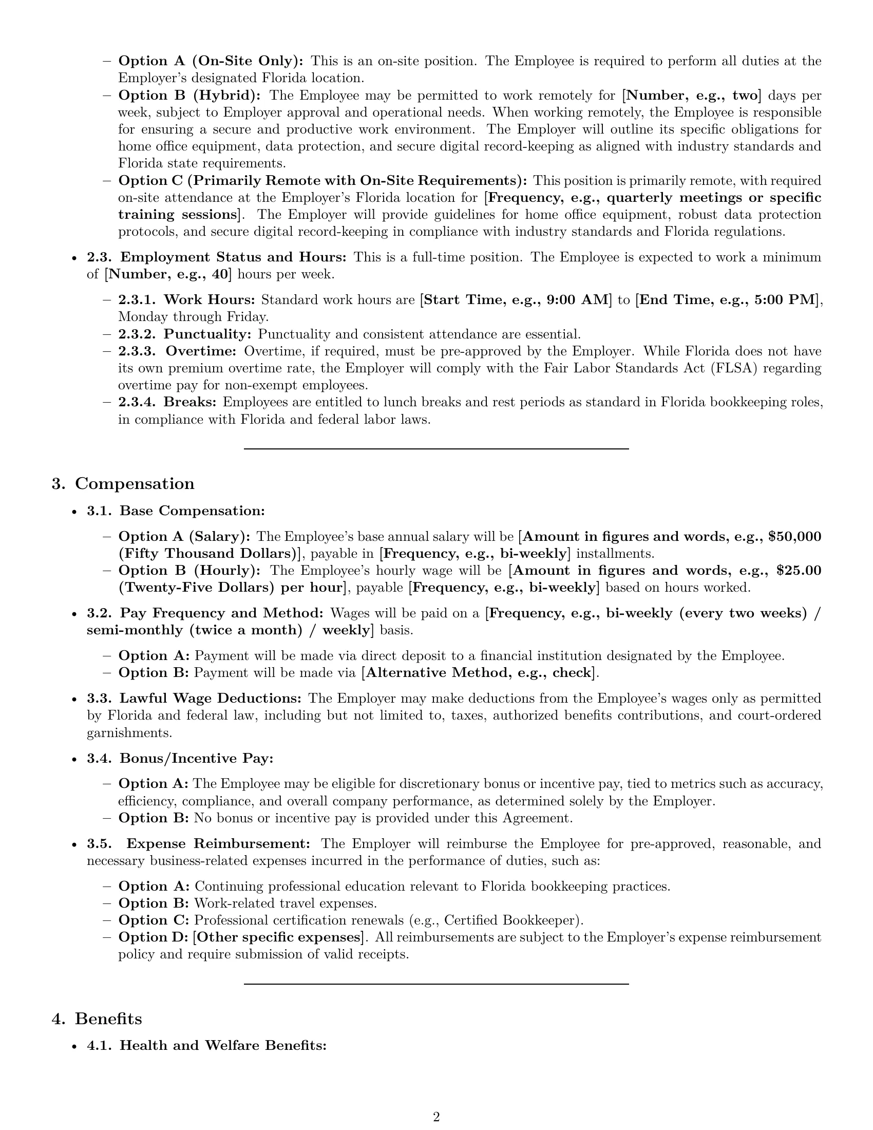 Preview page 2 of Pro Florida bookkeeper employment contract template