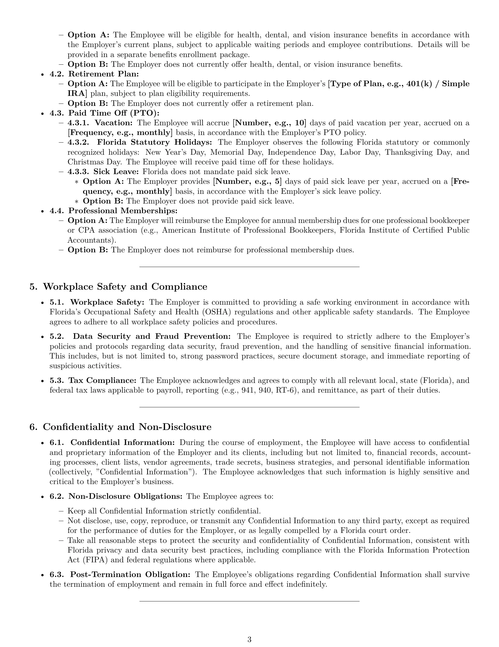 Preview page 3 of Pro Florida bookkeeper employment contract template