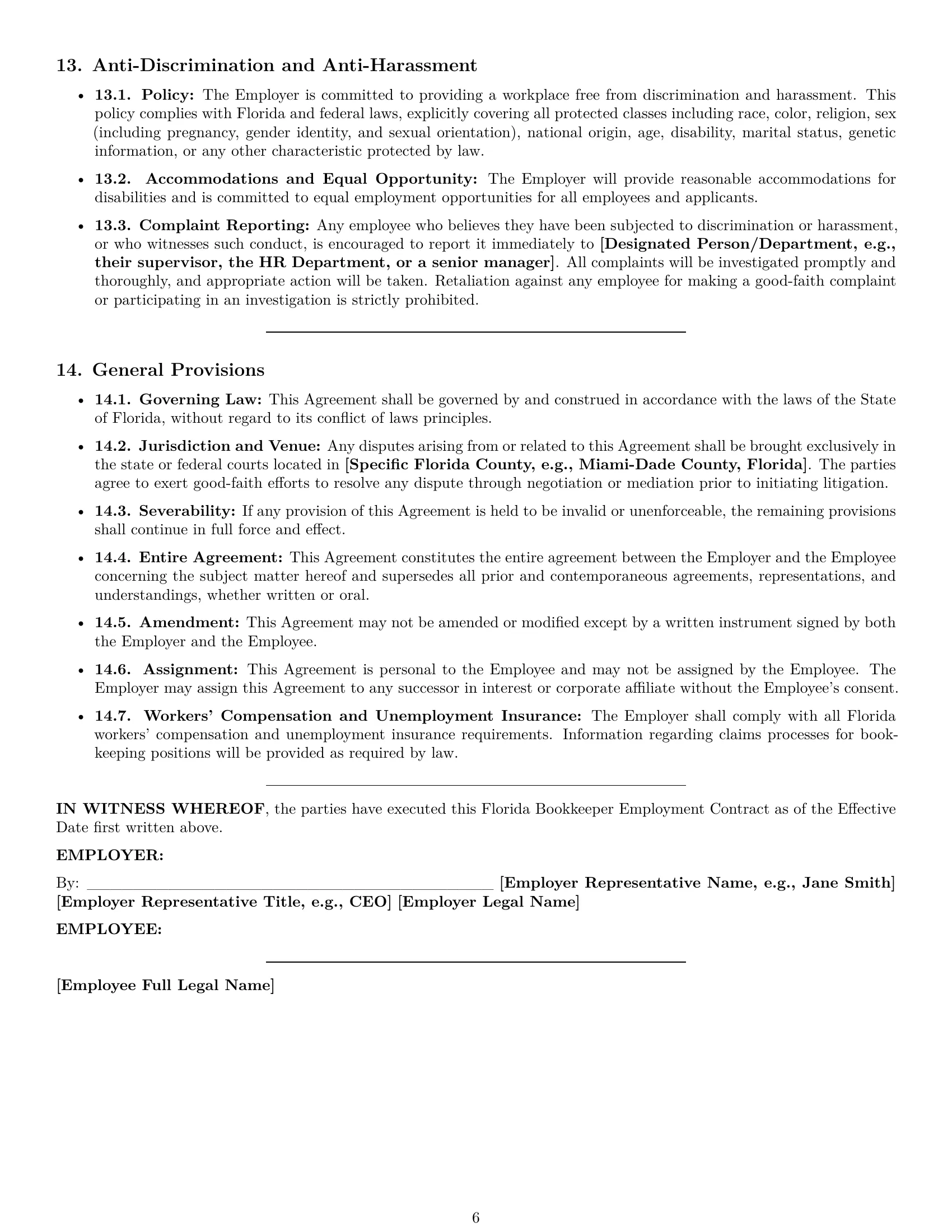 Preview page 6 of Pro Florida bookkeeper employment contract template