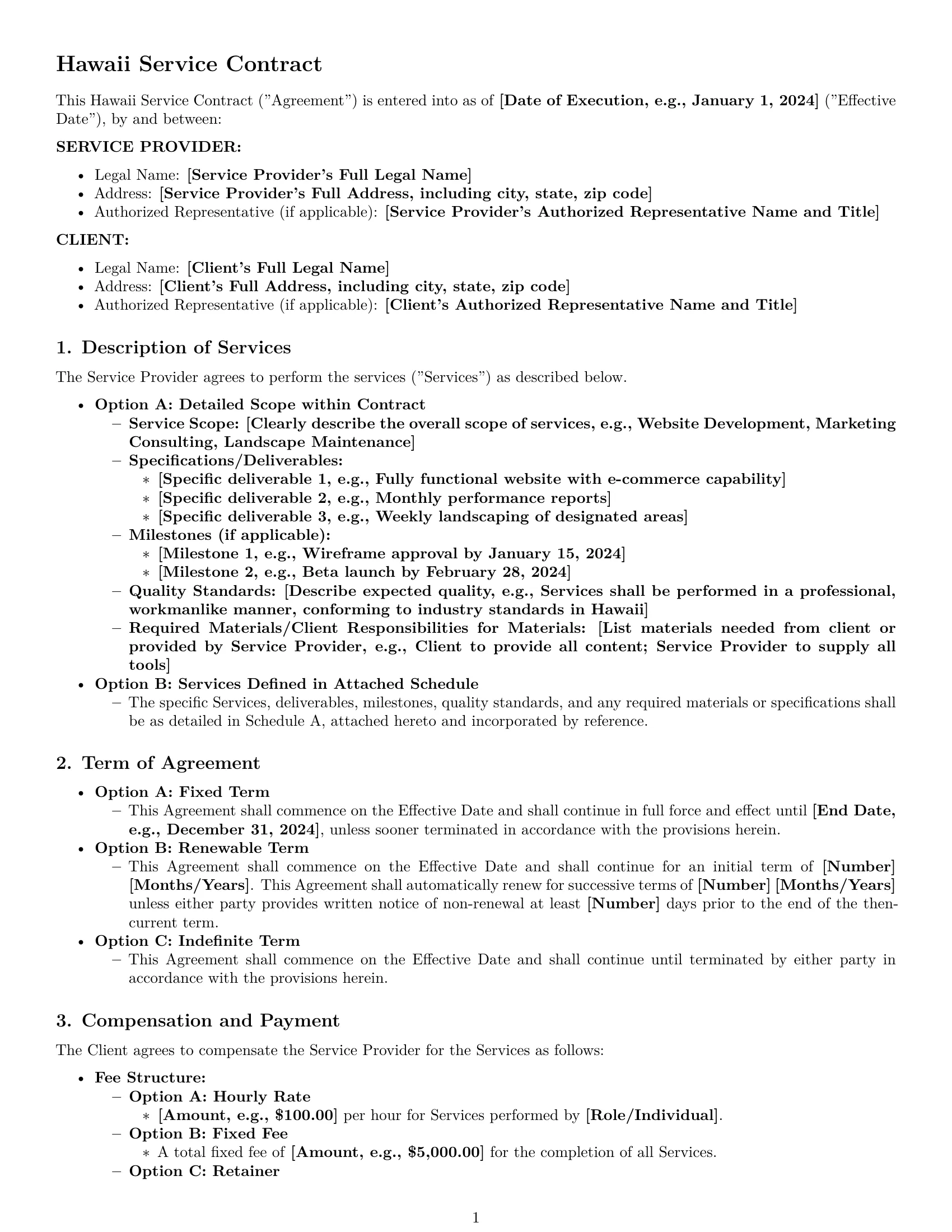 Preview page 1 of Pro Hawaii service contract template
