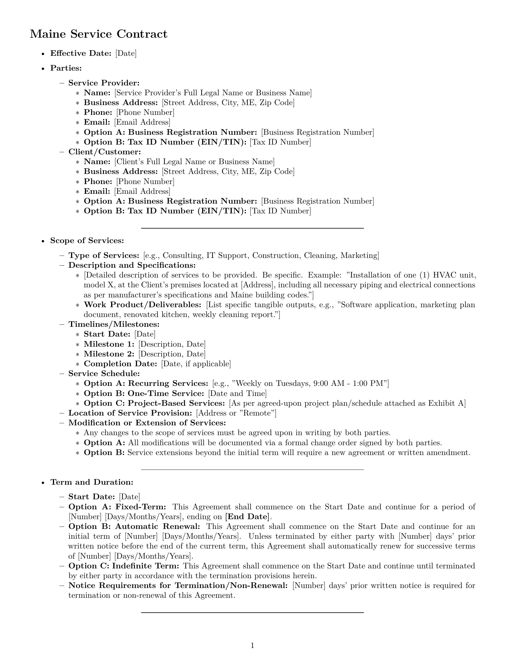 Preview page 1 of Pro Maine service contract template