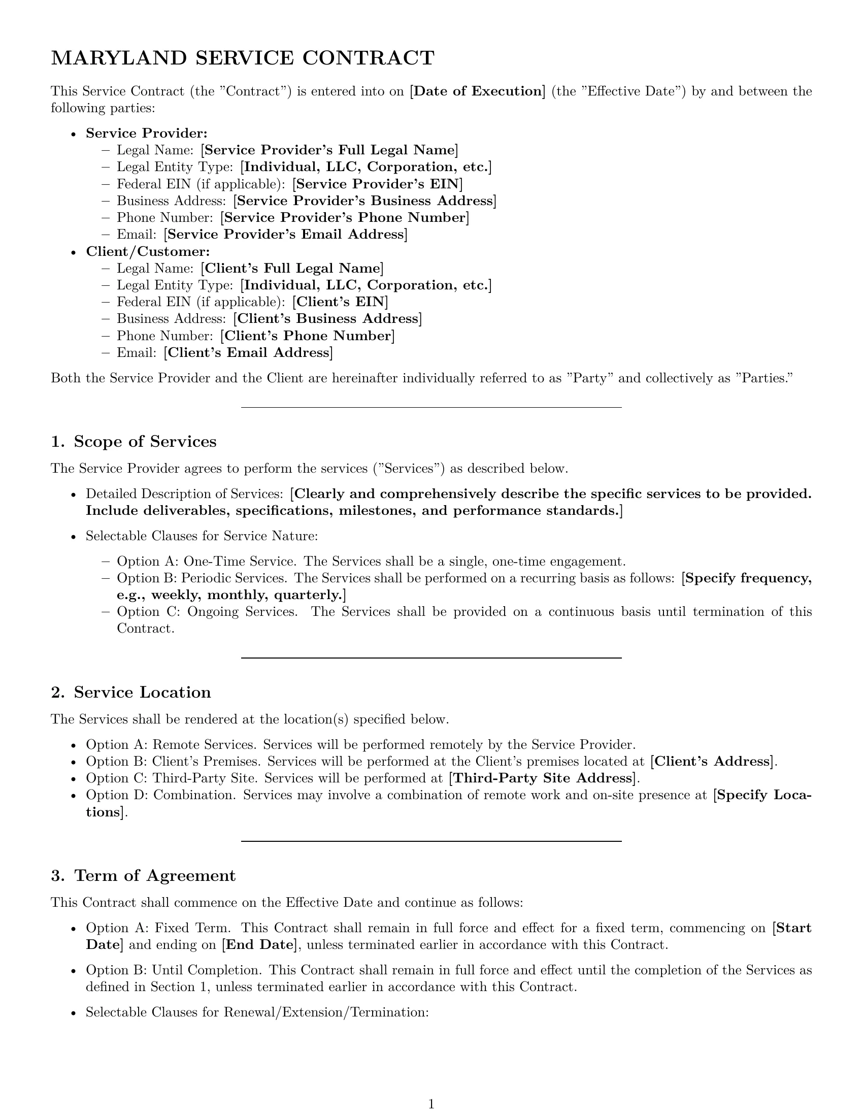 Preview page 1 of Pro Maryland service contract template