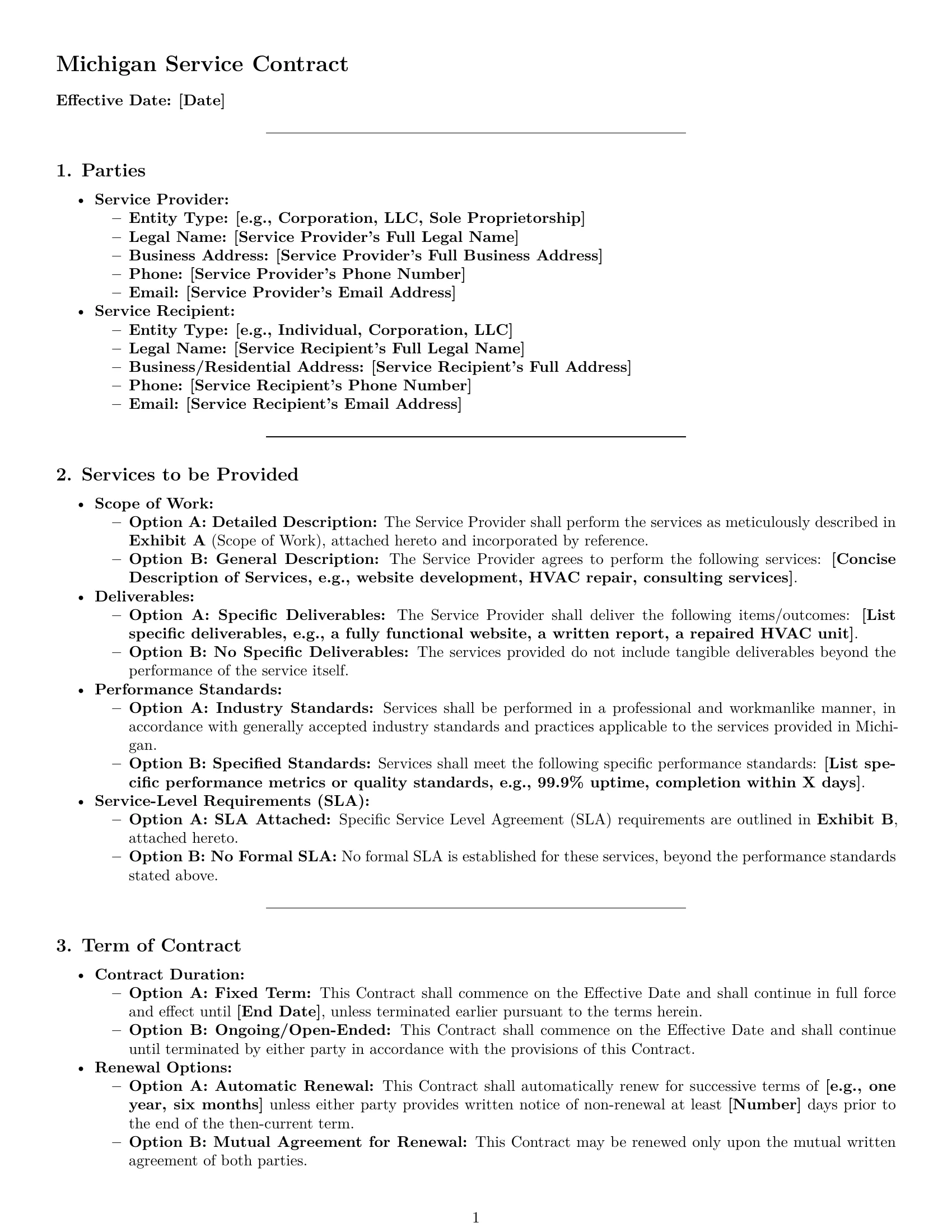 Preview page 1 of Pro Michigan service contract template