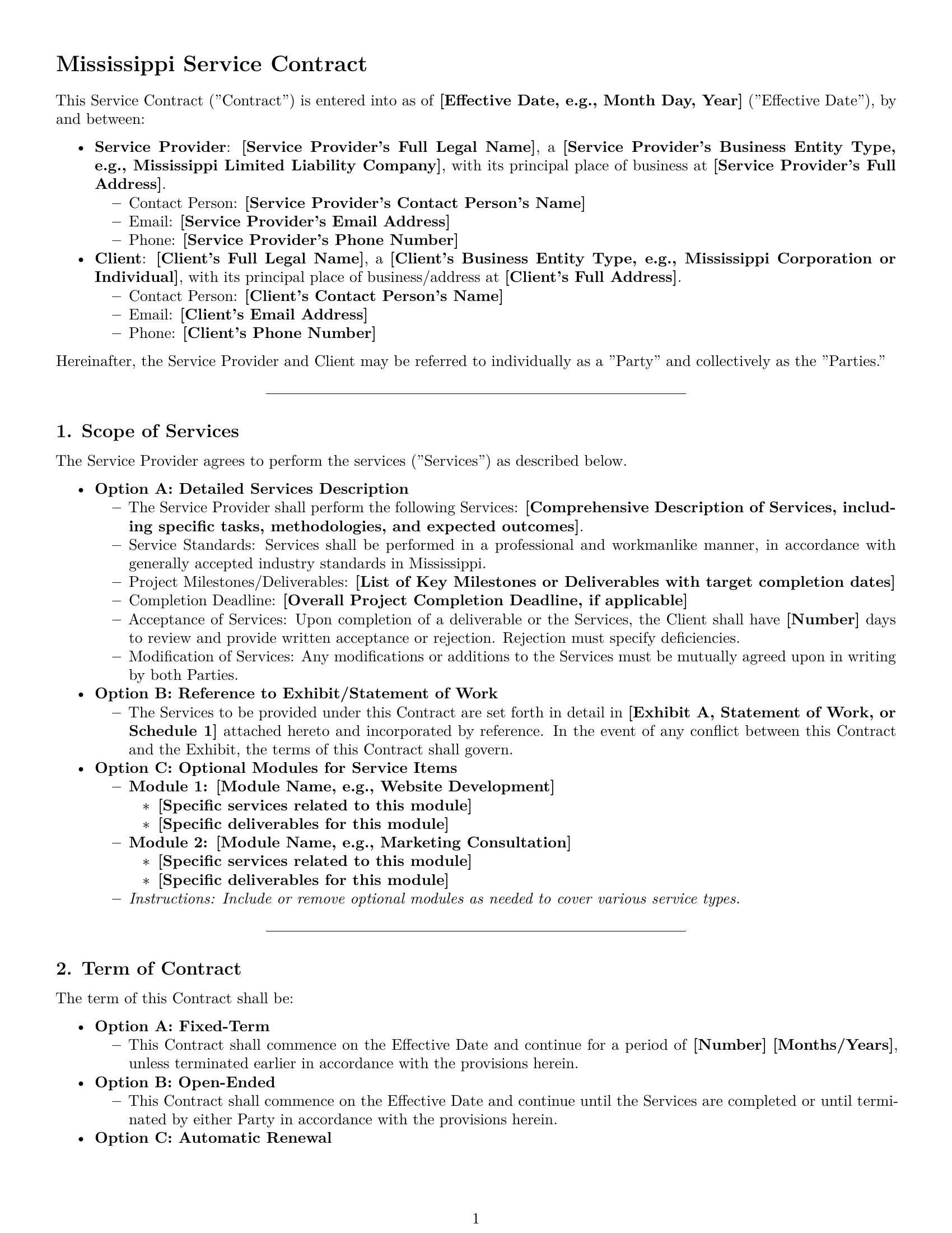 Preview page 1 of Pro Mississippi service contract template