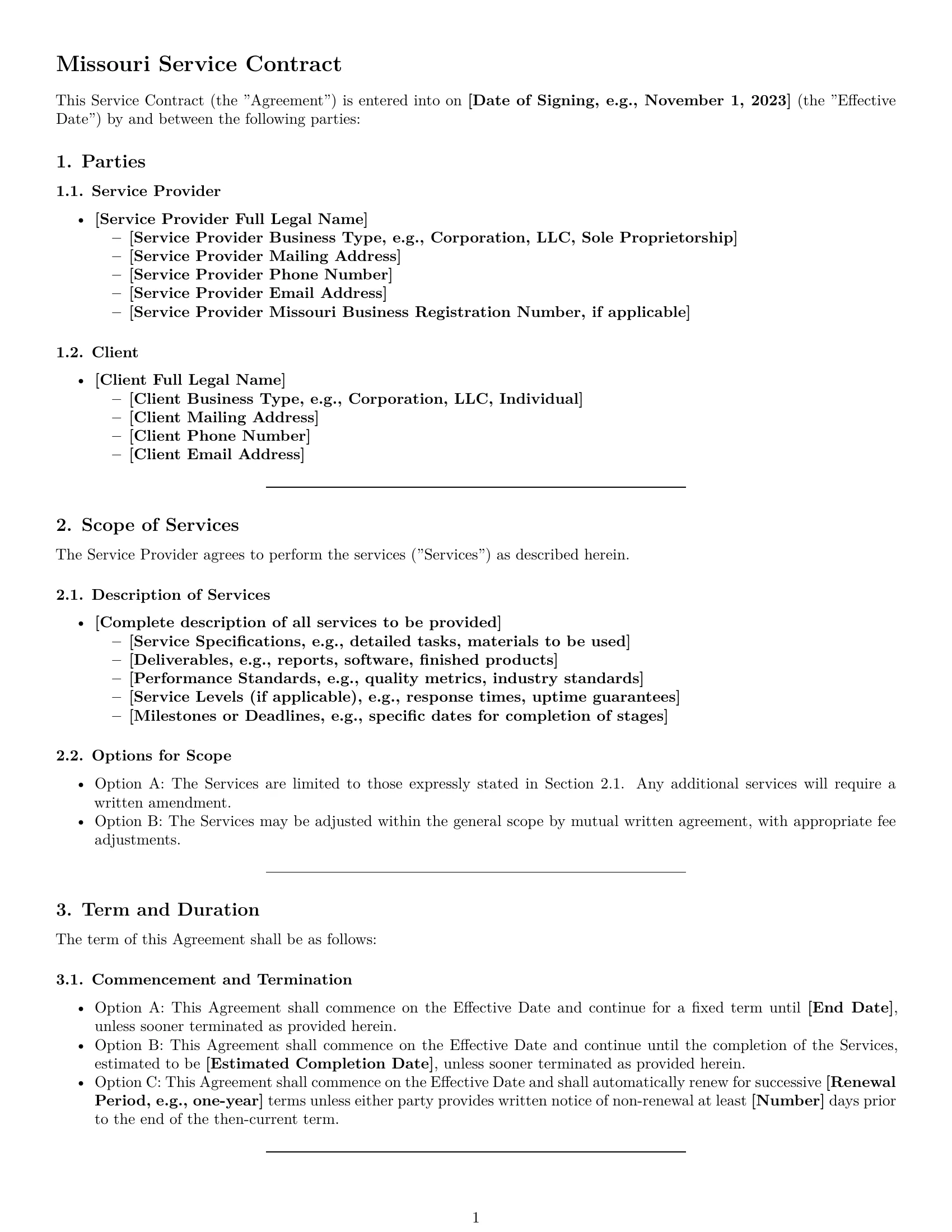 Preview page 1 of Pro Missouri service contract template