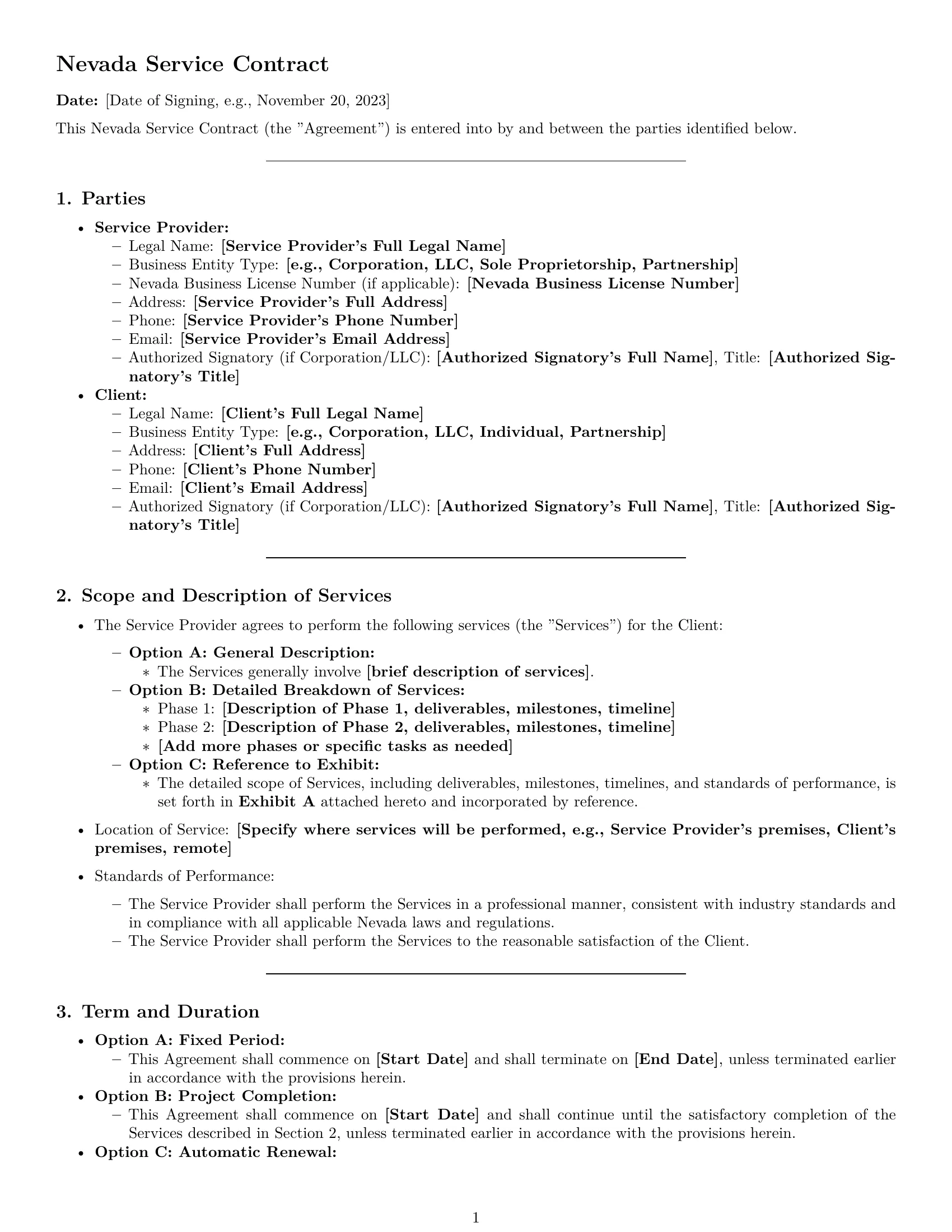 Preview page 1 of Pro Nevada service contract template