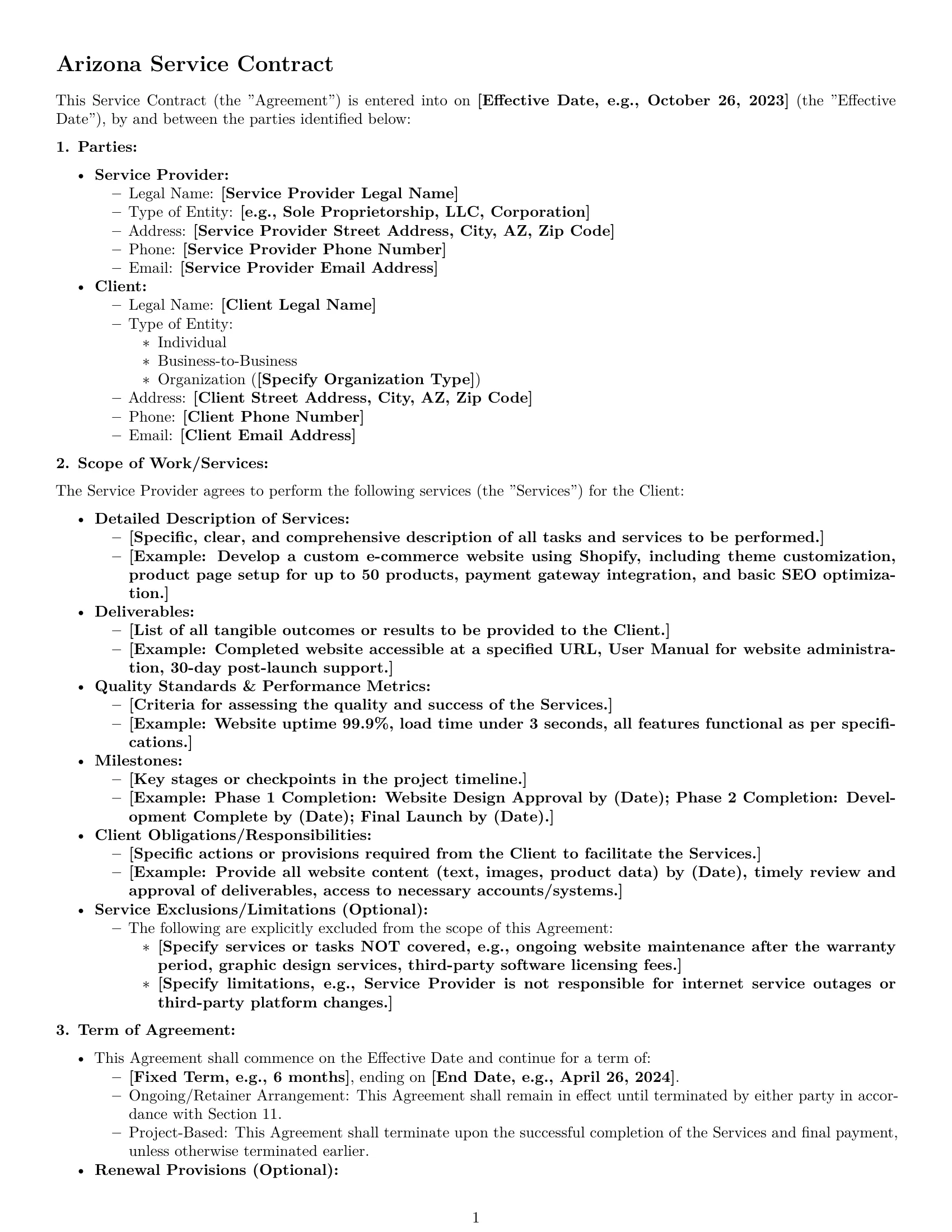 Preview page 1 of Pro Arizona service contract template