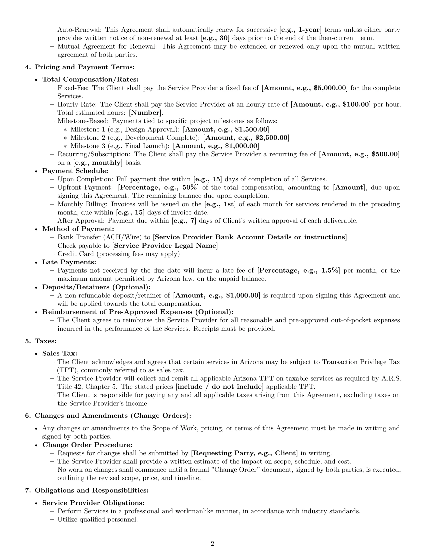 Preview page 2 of Pro Arizona service contract template