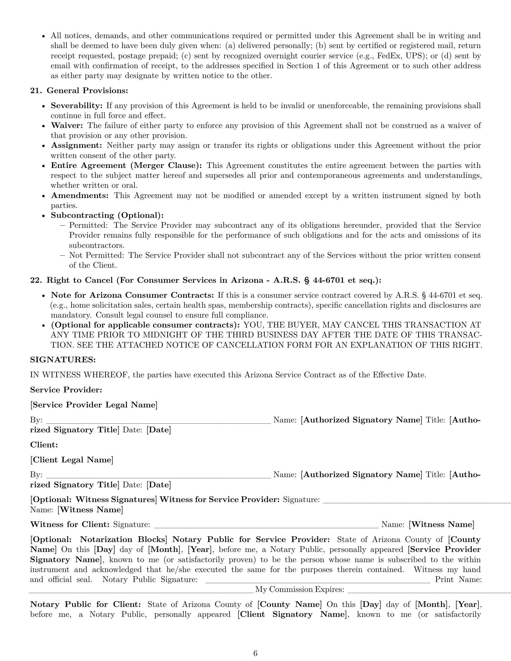 Preview page 6 of Pro Arizona service contract template