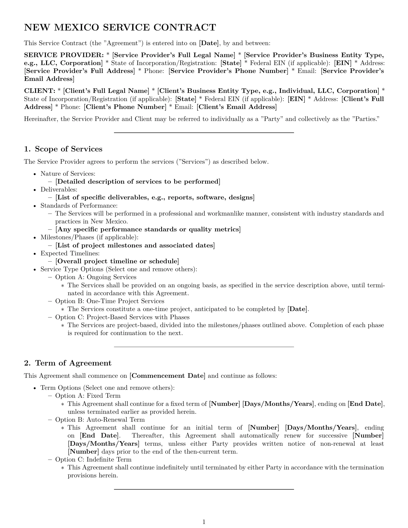 Preview page 1 of Pro New Mexico service contract template