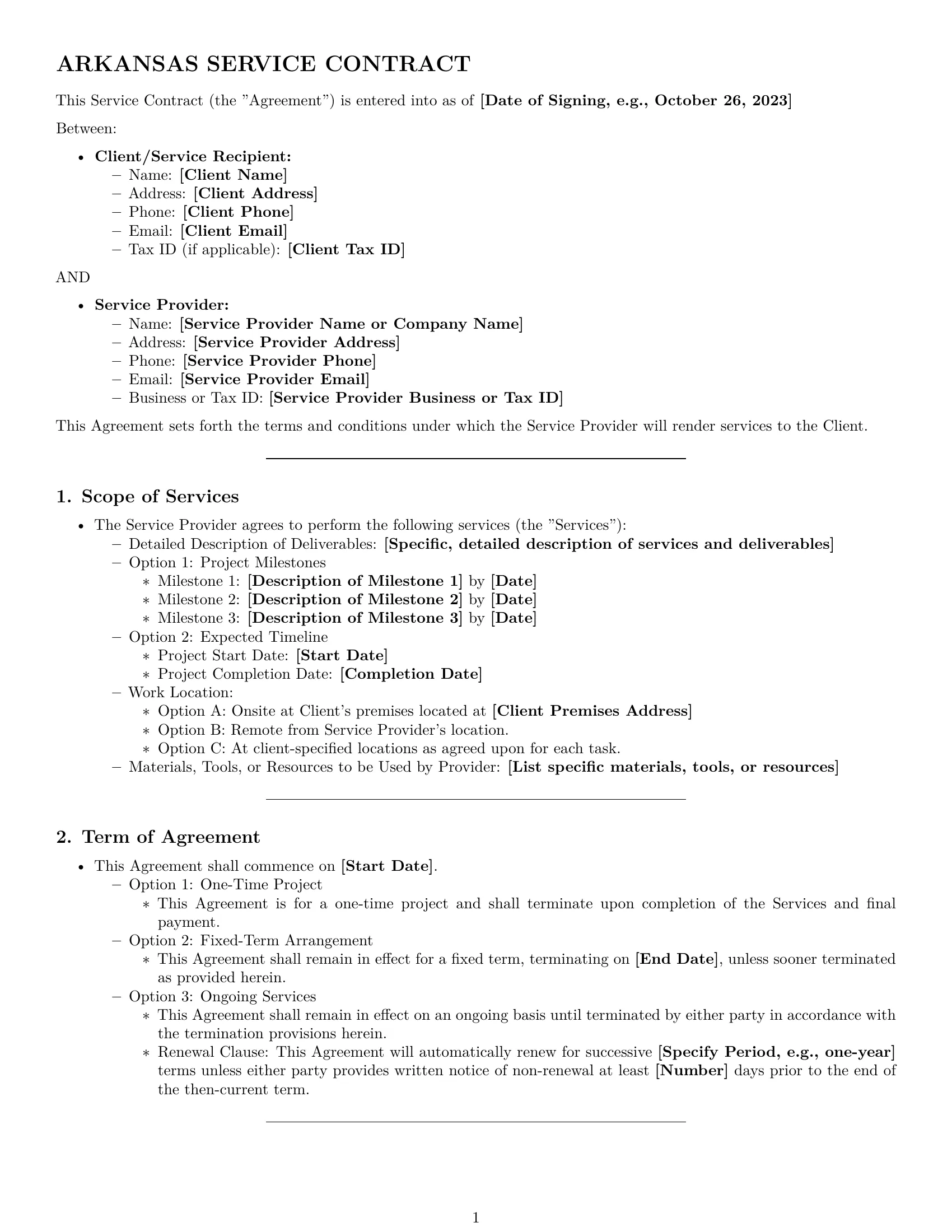 Preview page 1 of Pro Arkansas service contract template