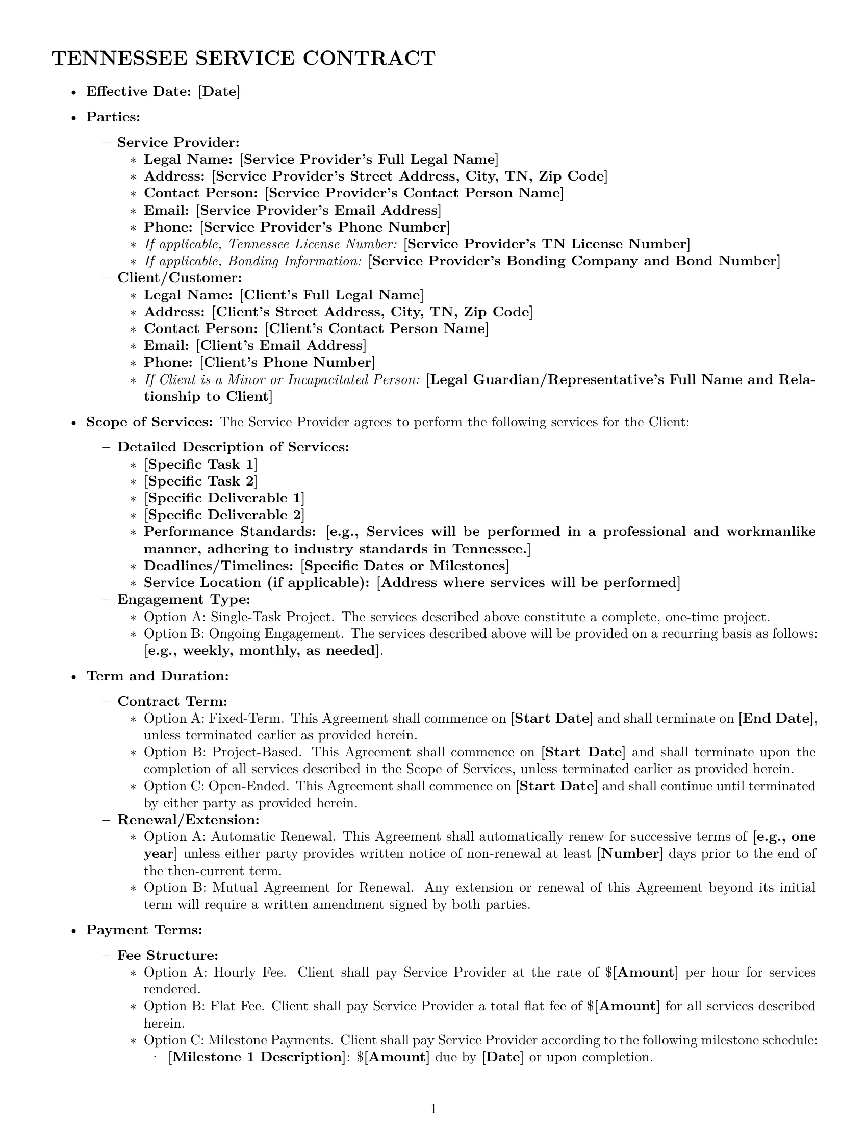 Preview page 1 of Pro Tennessee service contract template