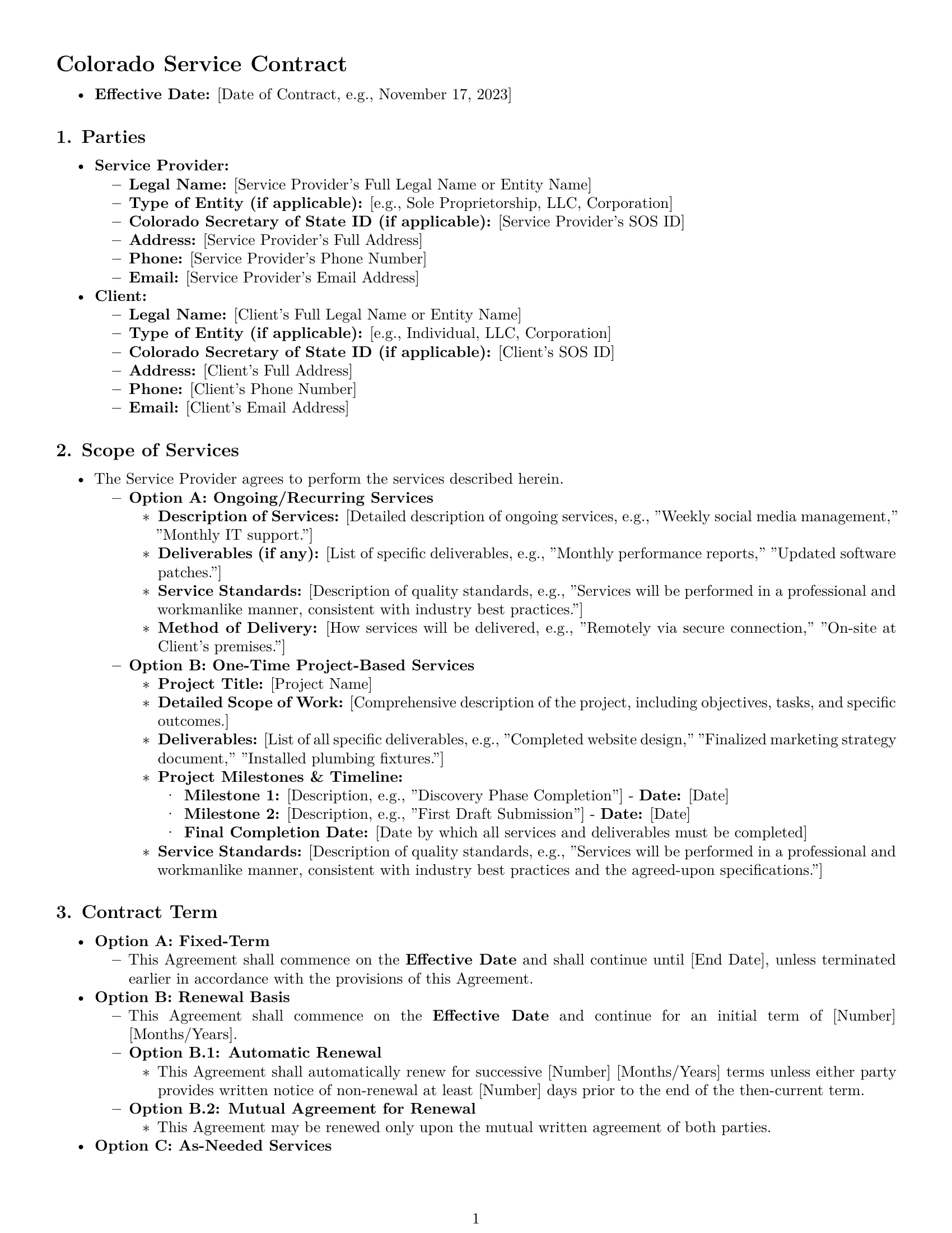 Preview page 1 of Pro Colorado service contract template