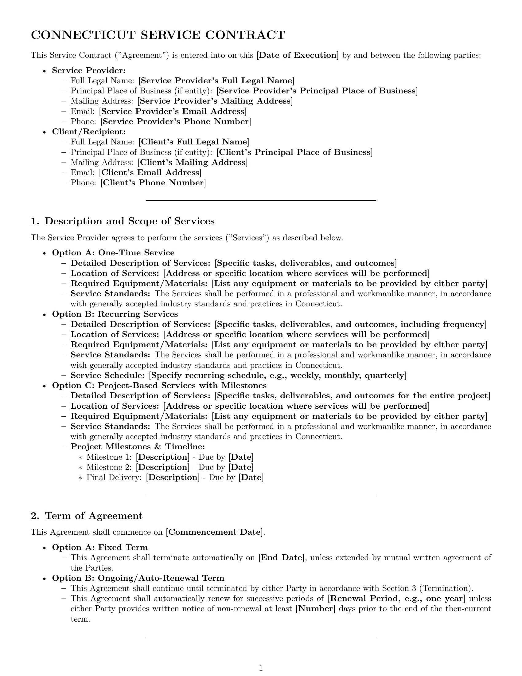 Preview page 1 of Pro Connecticut service contract template