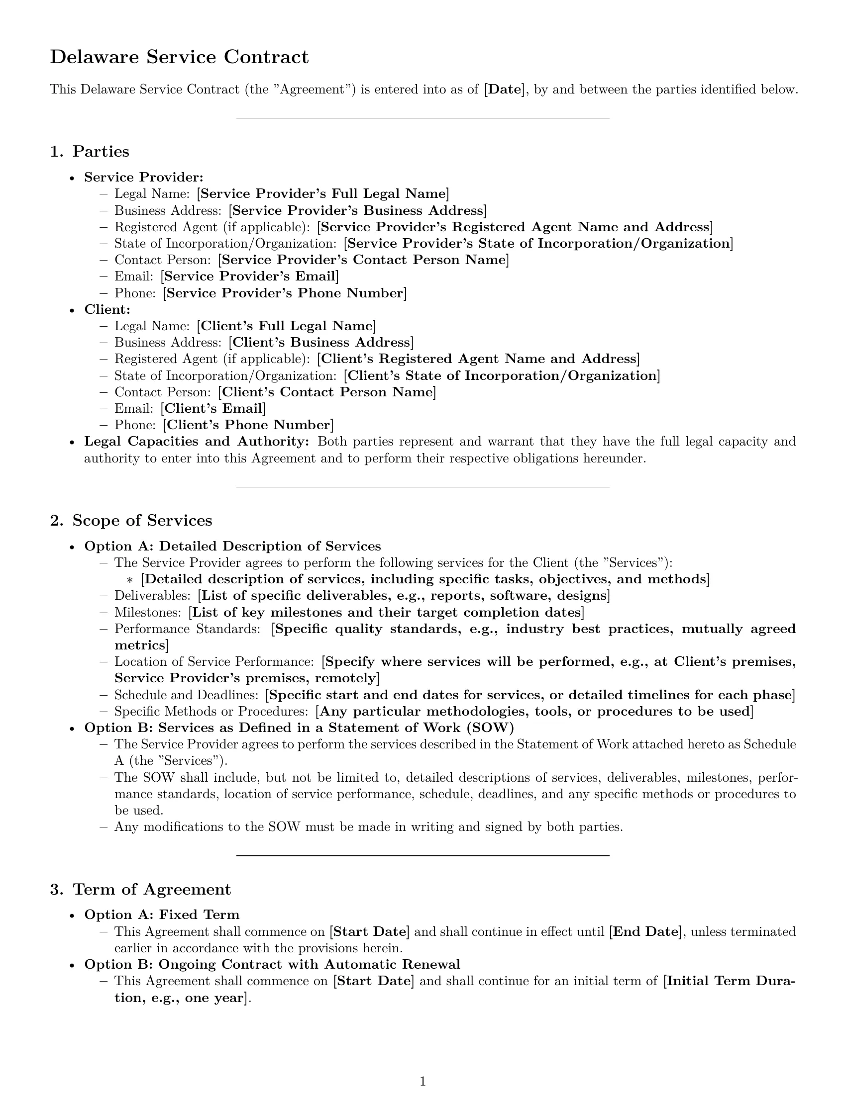 Preview page 1 of Pro Delaware service contract template