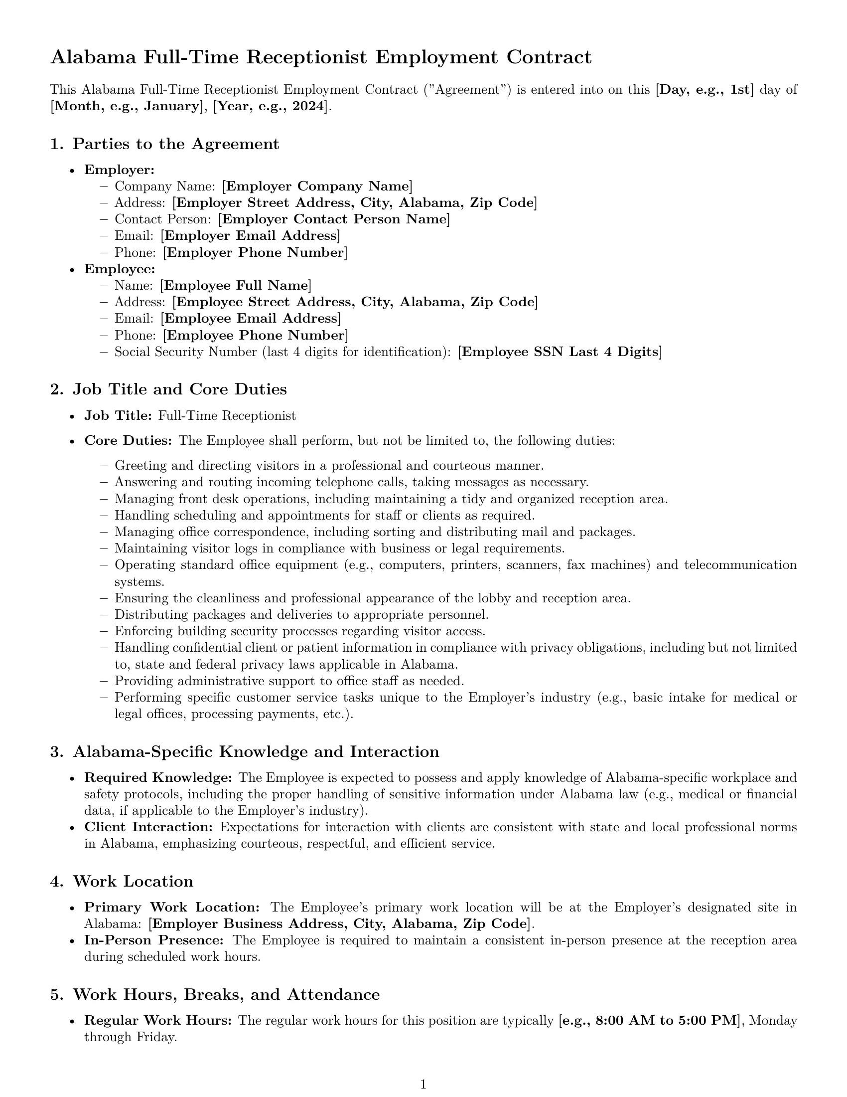 Preview page 1 of Pro Alabama receptionist employment contract template