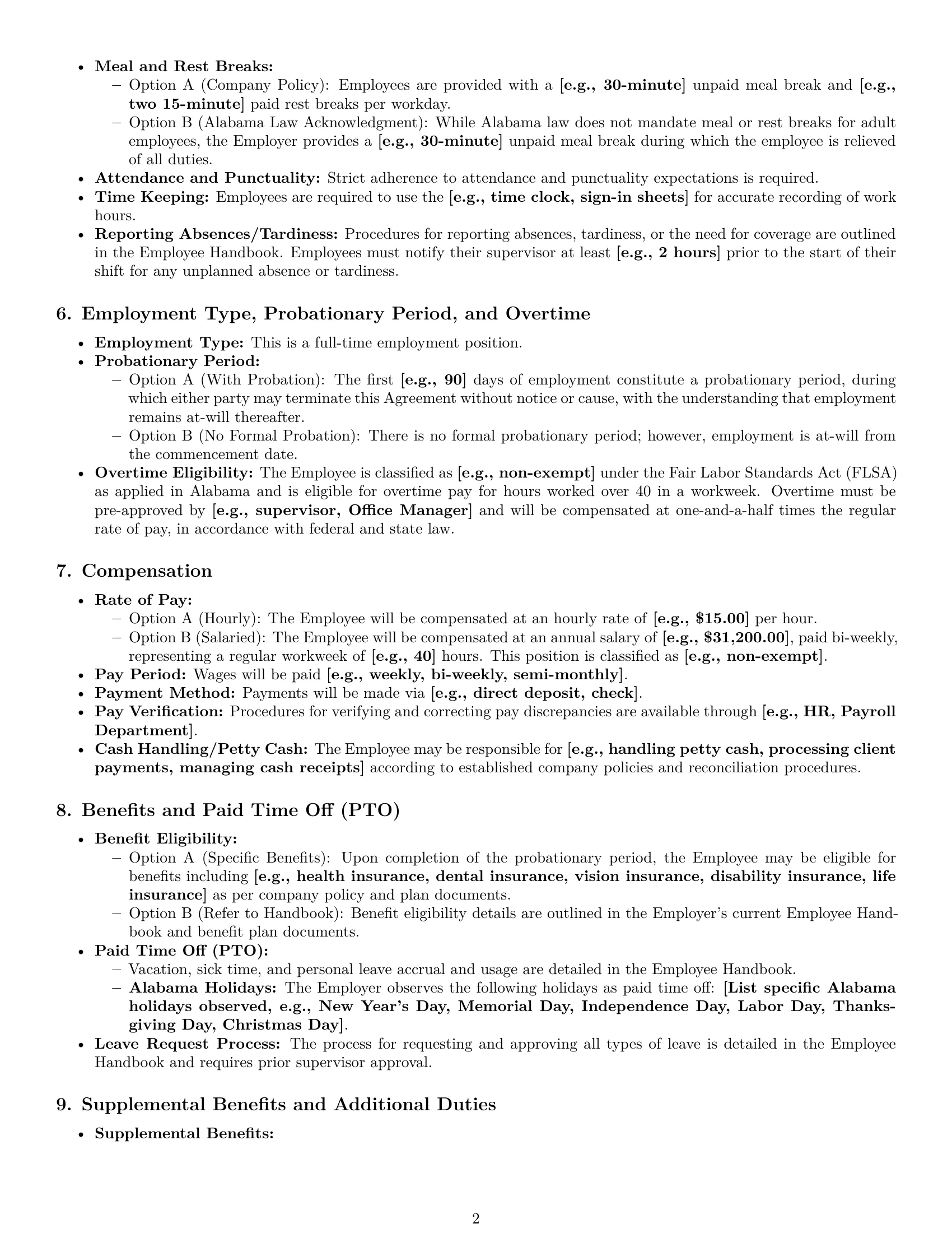 Preview page 2 of Pro Alabama receptionist employment contract template