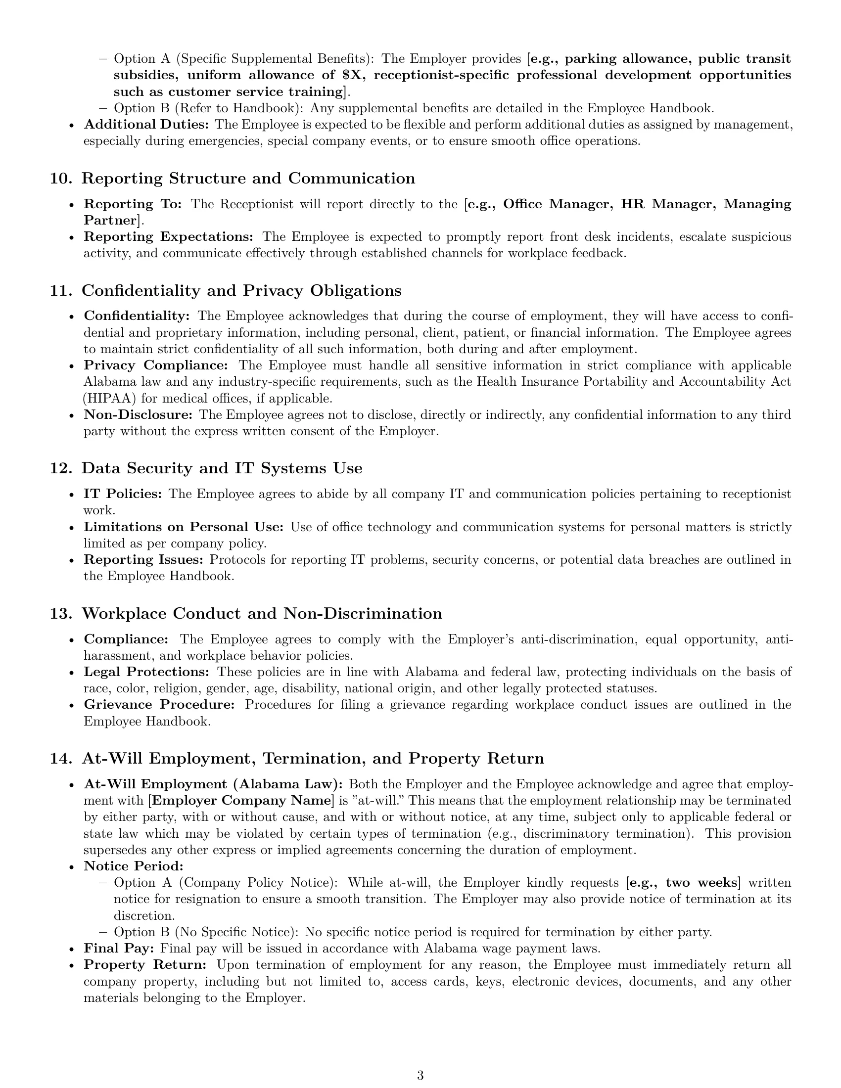 Preview page 3 of Pro Alabama receptionist employment contract template