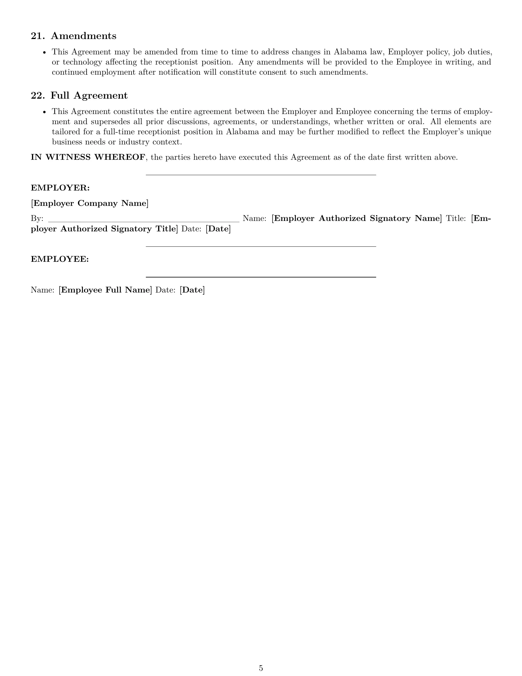Preview page 5 of Pro Alabama receptionist employment contract template