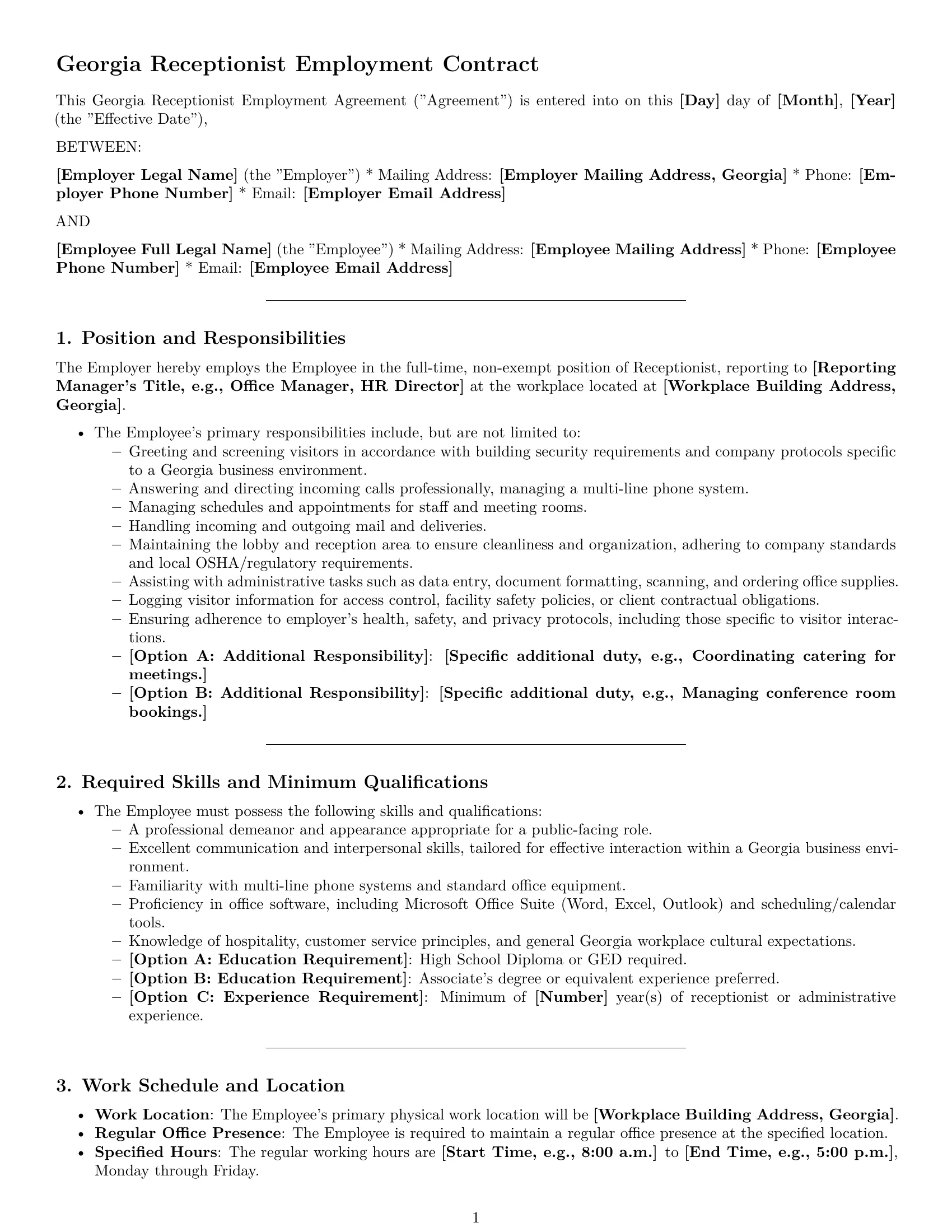 Preview page 1 of Pro Georgia receptionist employment contract template