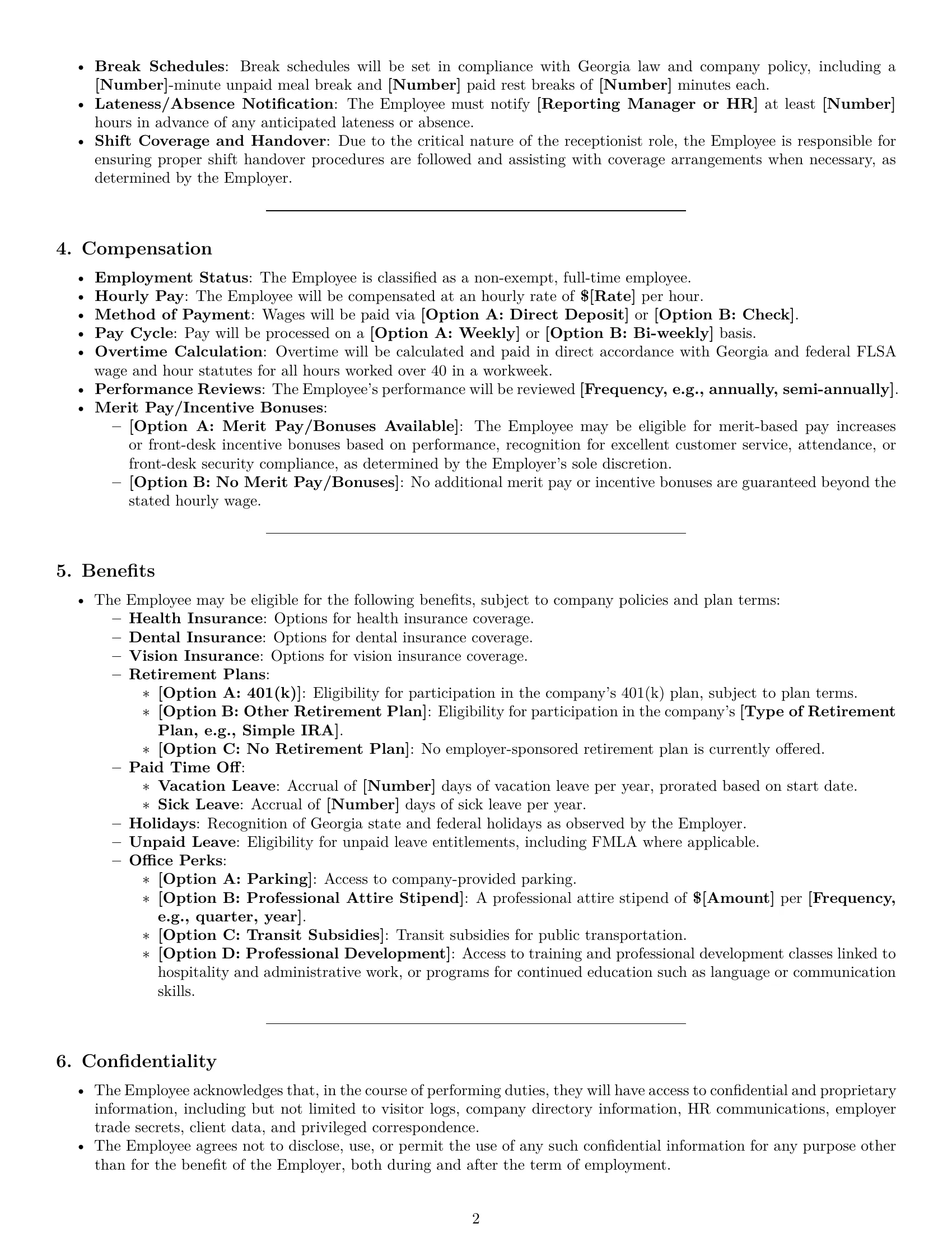 Preview page 2 of Pro Georgia receptionist employment contract template