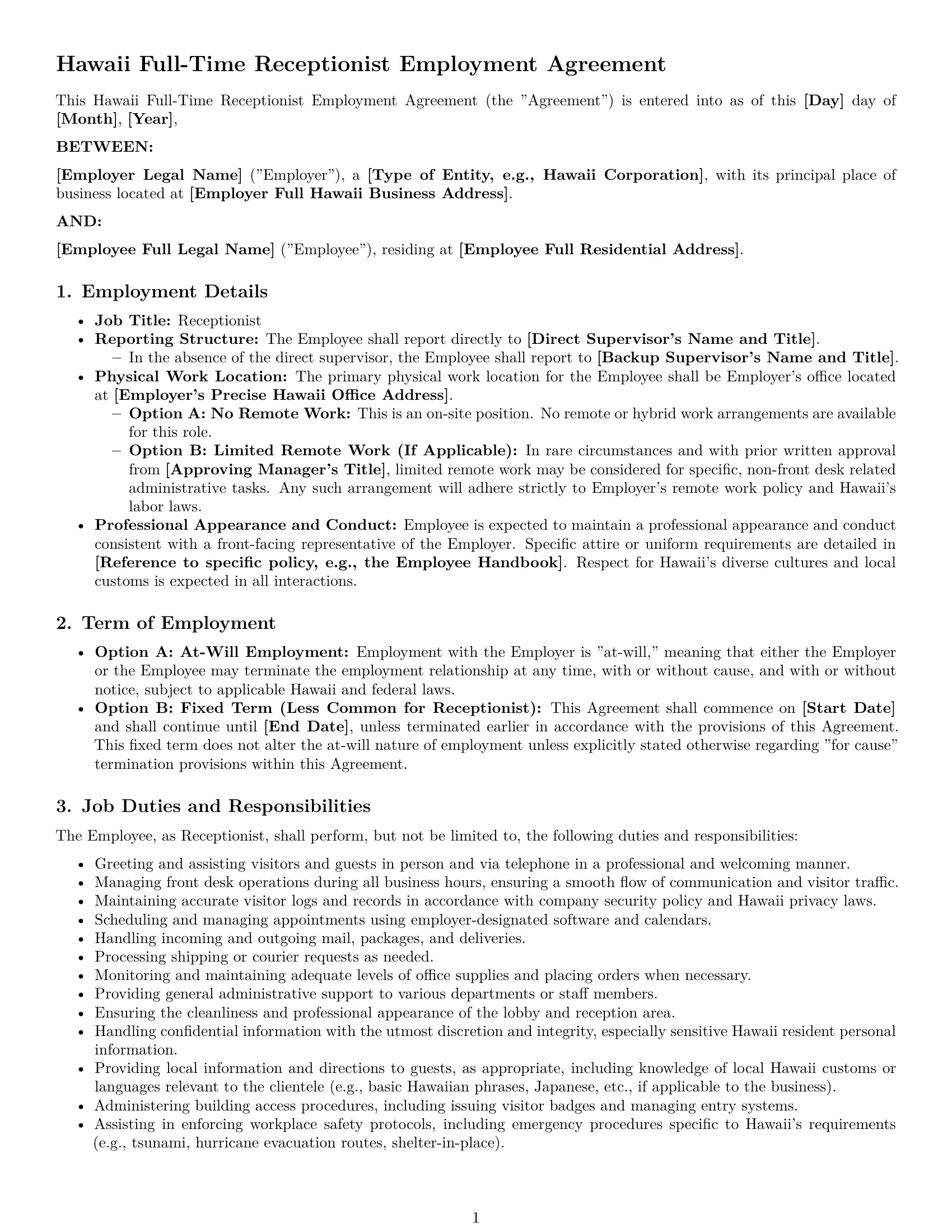 Preview page 1 of Pro Hawaii receptionist employment contract template
