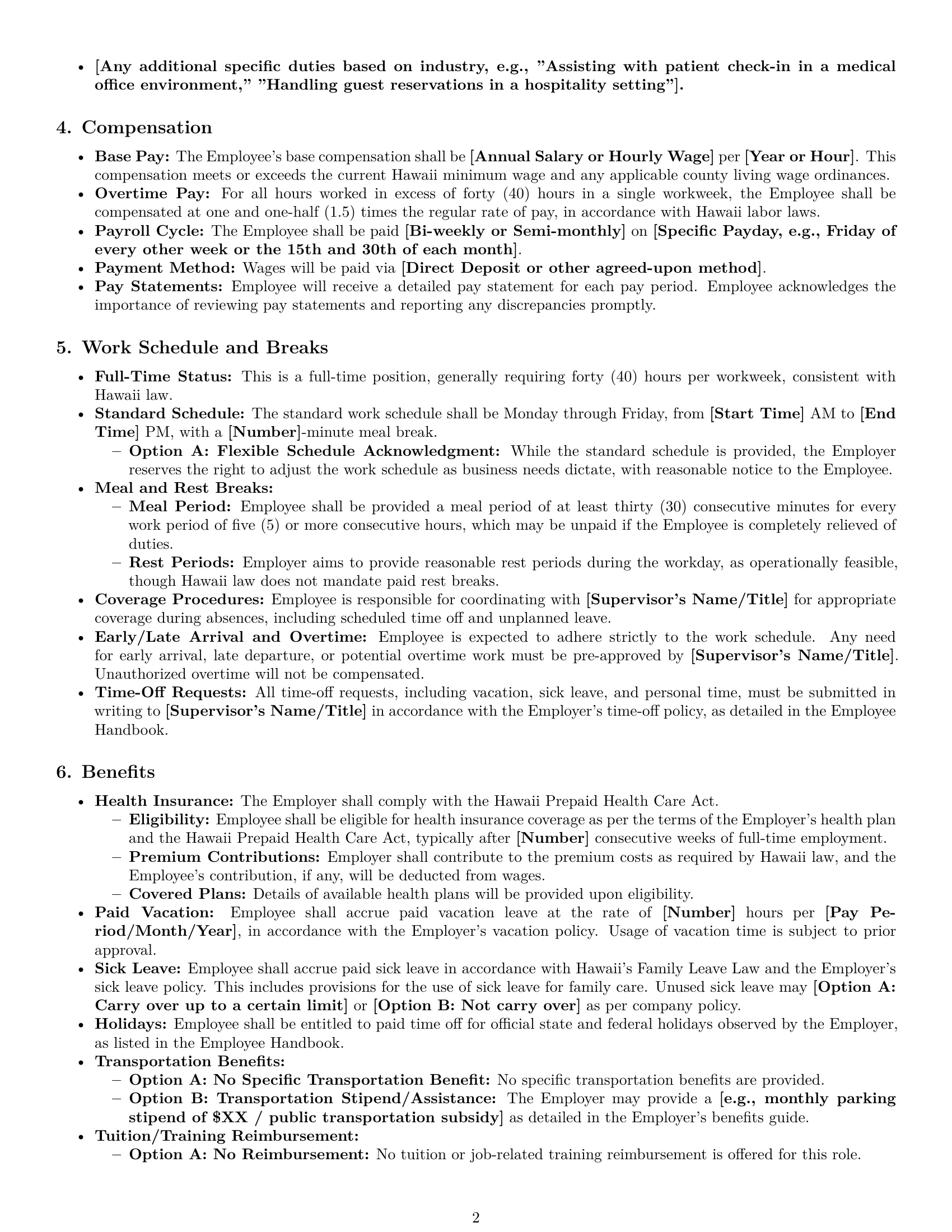Preview page 2 of Pro Hawaii receptionist employment contract template
