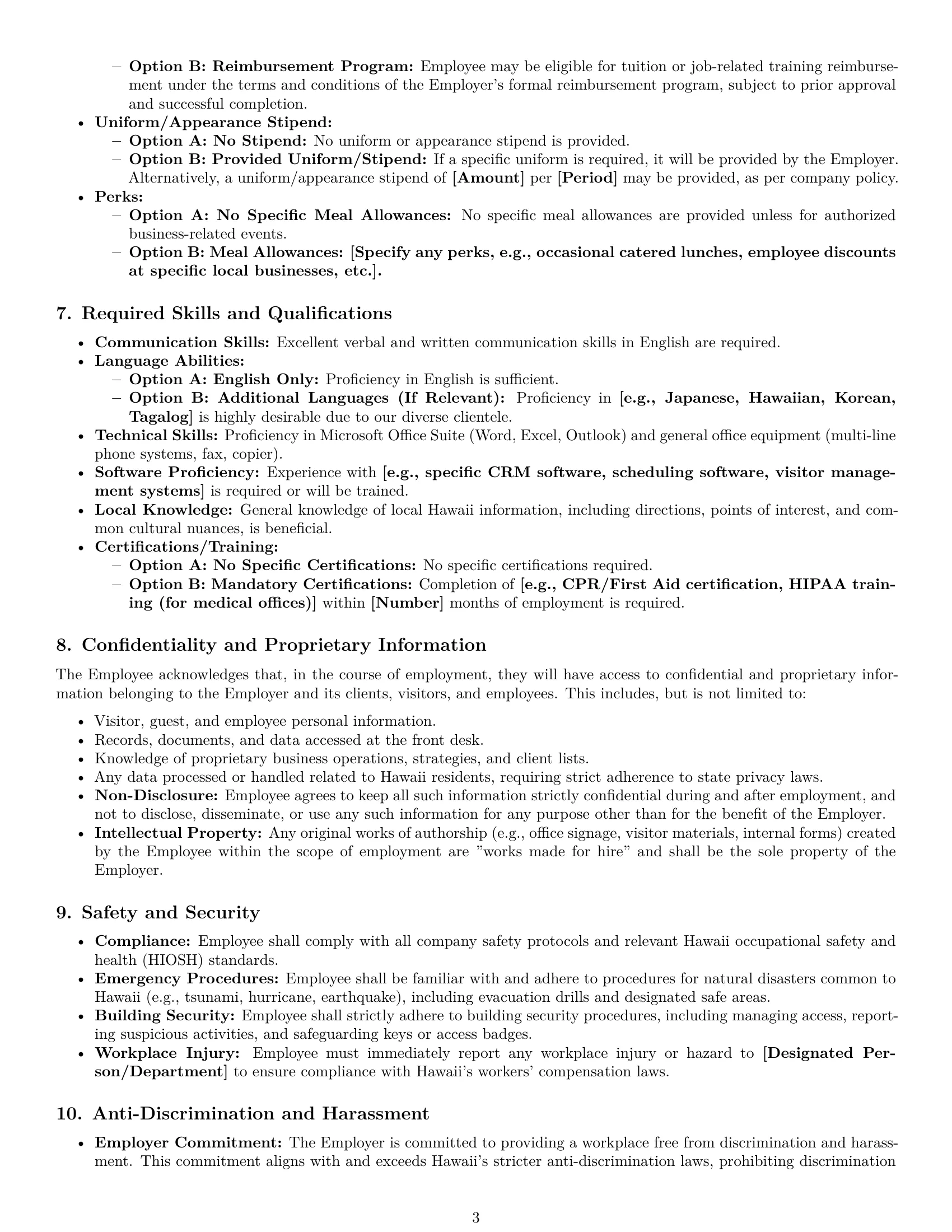 Preview page 3 of Pro Hawaii receptionist employment contract template