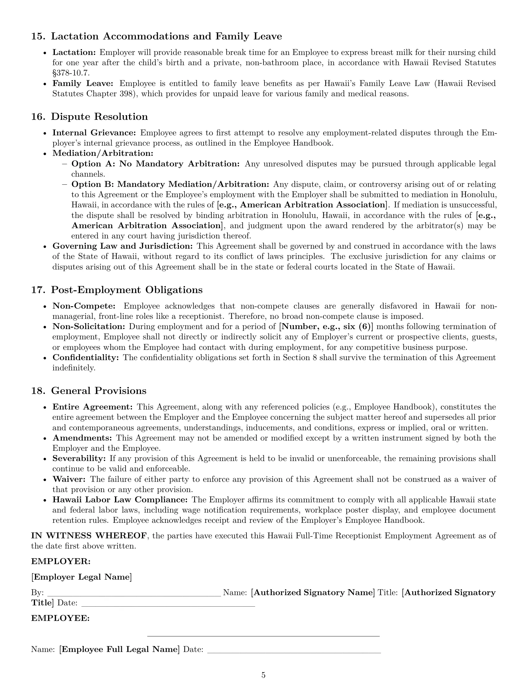Preview page 5 of Pro Hawaii receptionist employment contract template