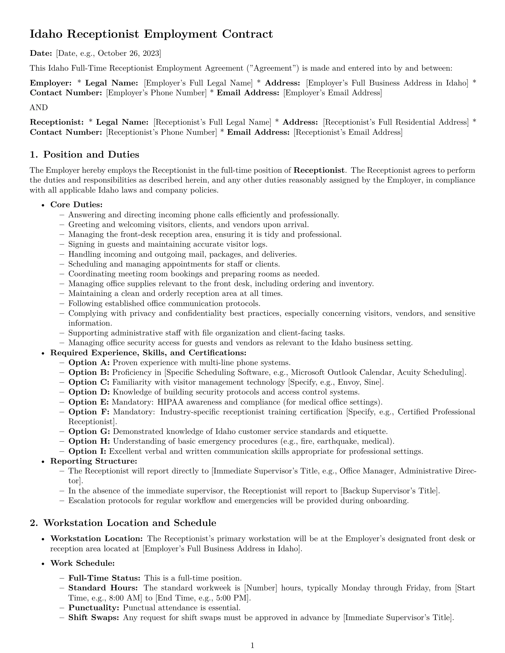 Preview page 1 of Pro Idaho receptionist employment contract template
