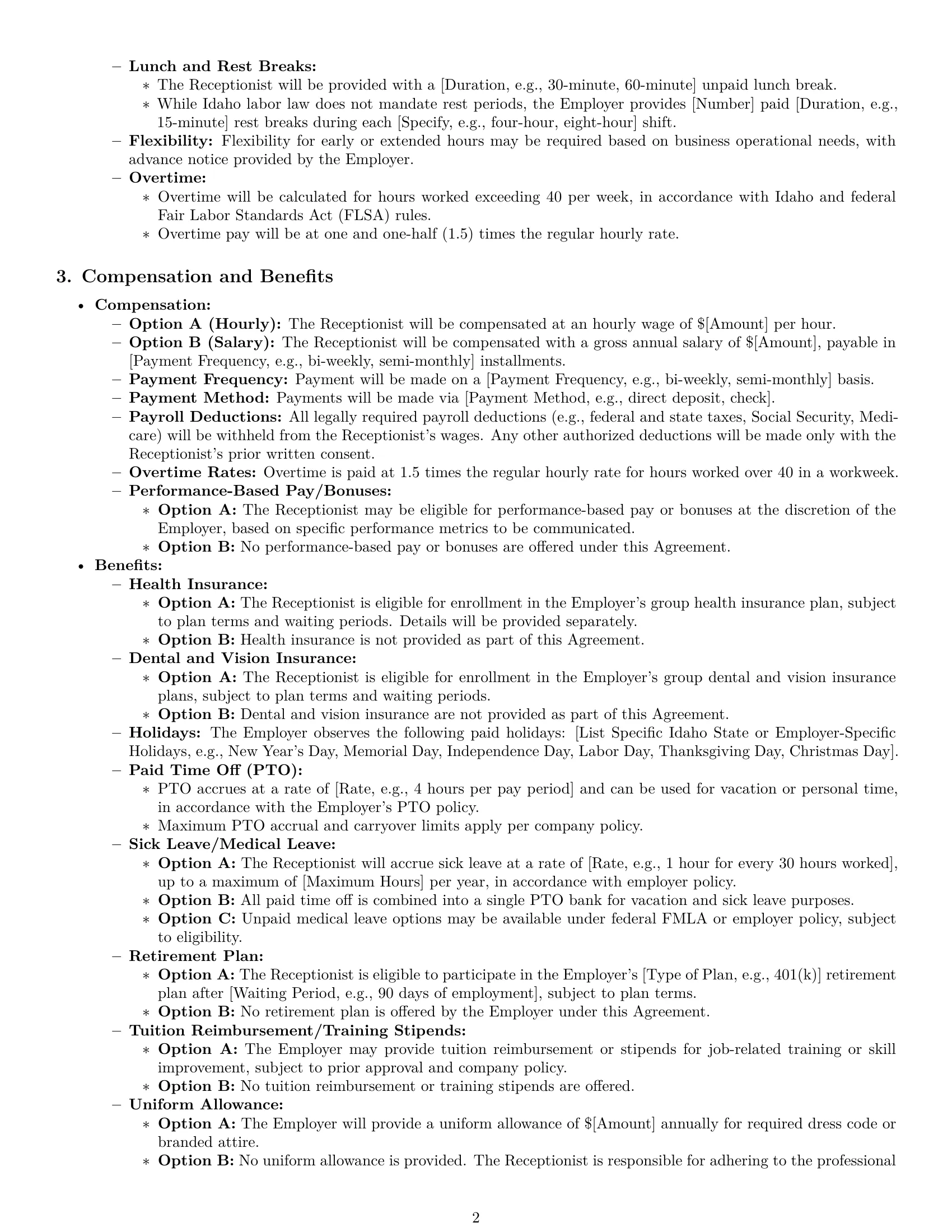 Preview page 2 of Pro Idaho receptionist employment contract template