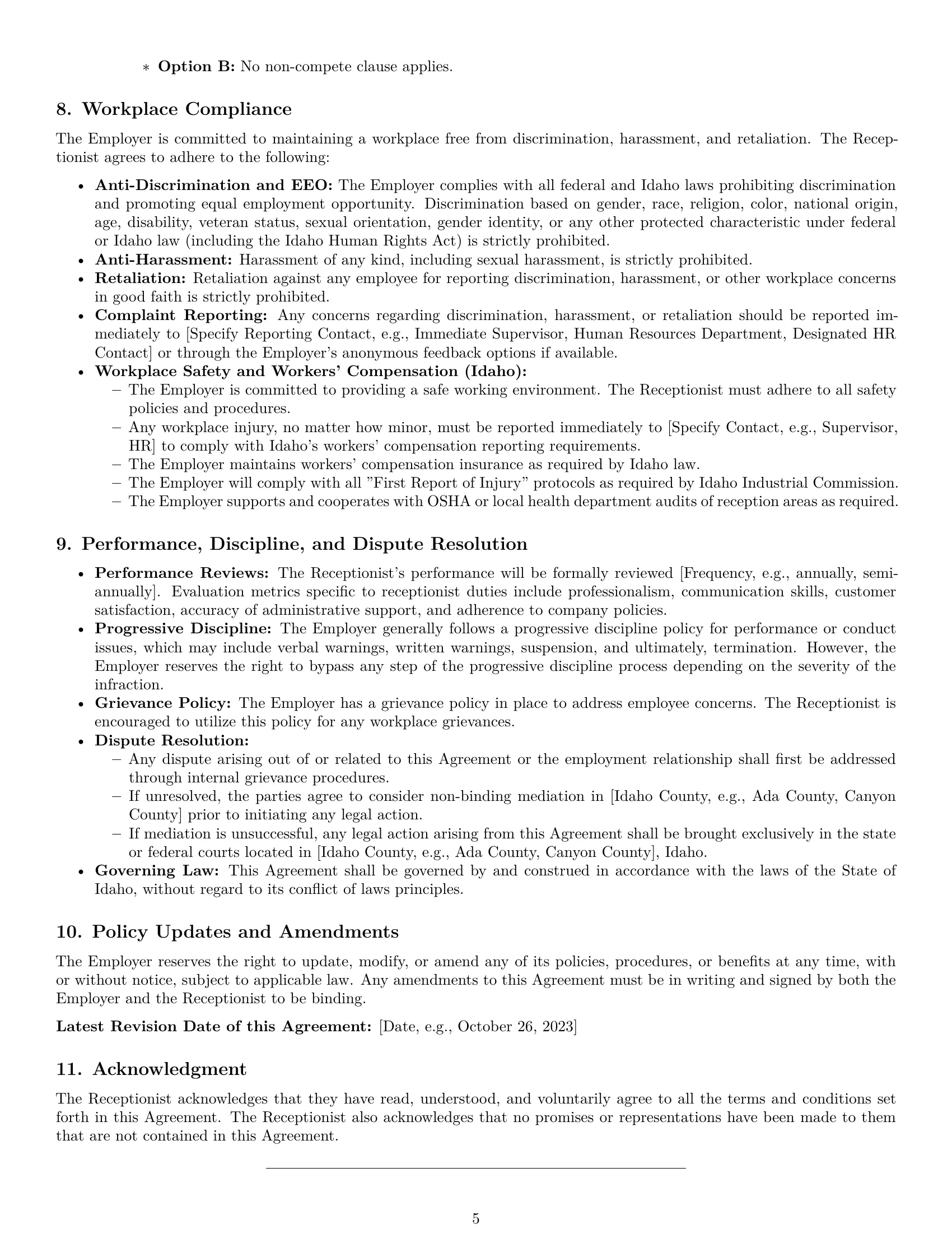 Preview page 5 of Pro Idaho receptionist employment contract template