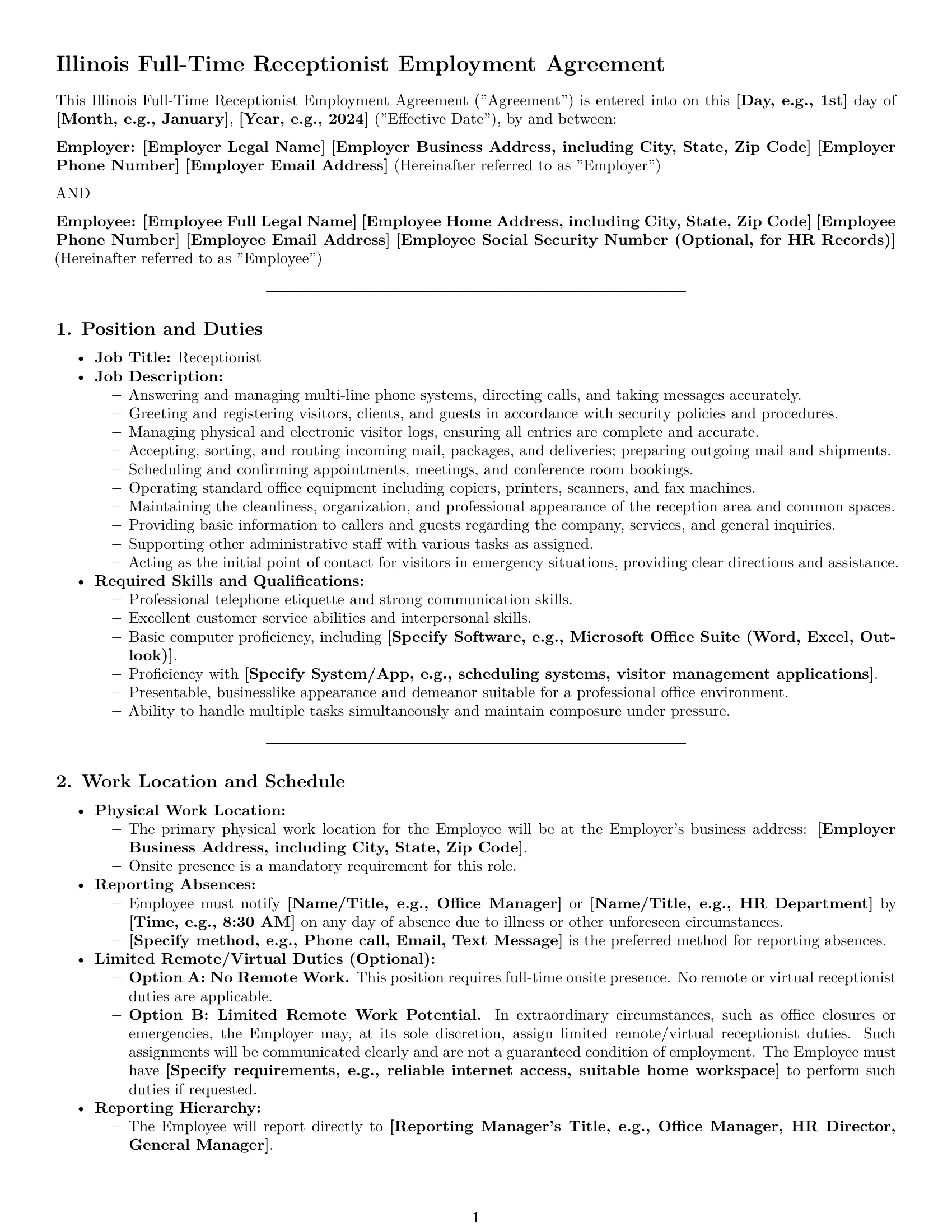 Preview page 1 of Pro Illinois receptionist employment contract template