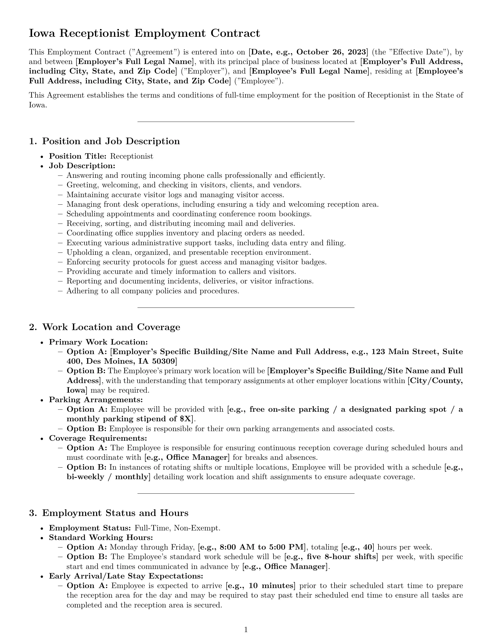 Preview page 1 of Pro Iowa receptionist employment contract template