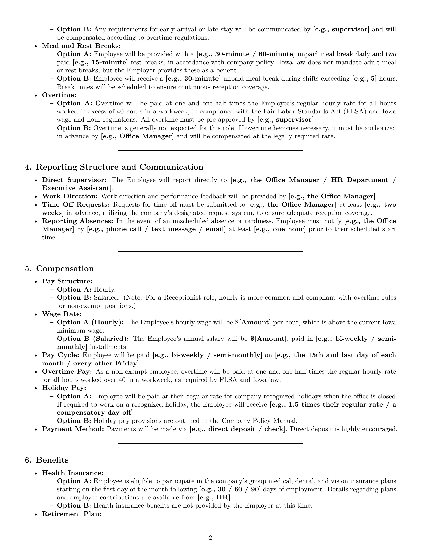 Preview page 2 of Pro Iowa receptionist employment contract template